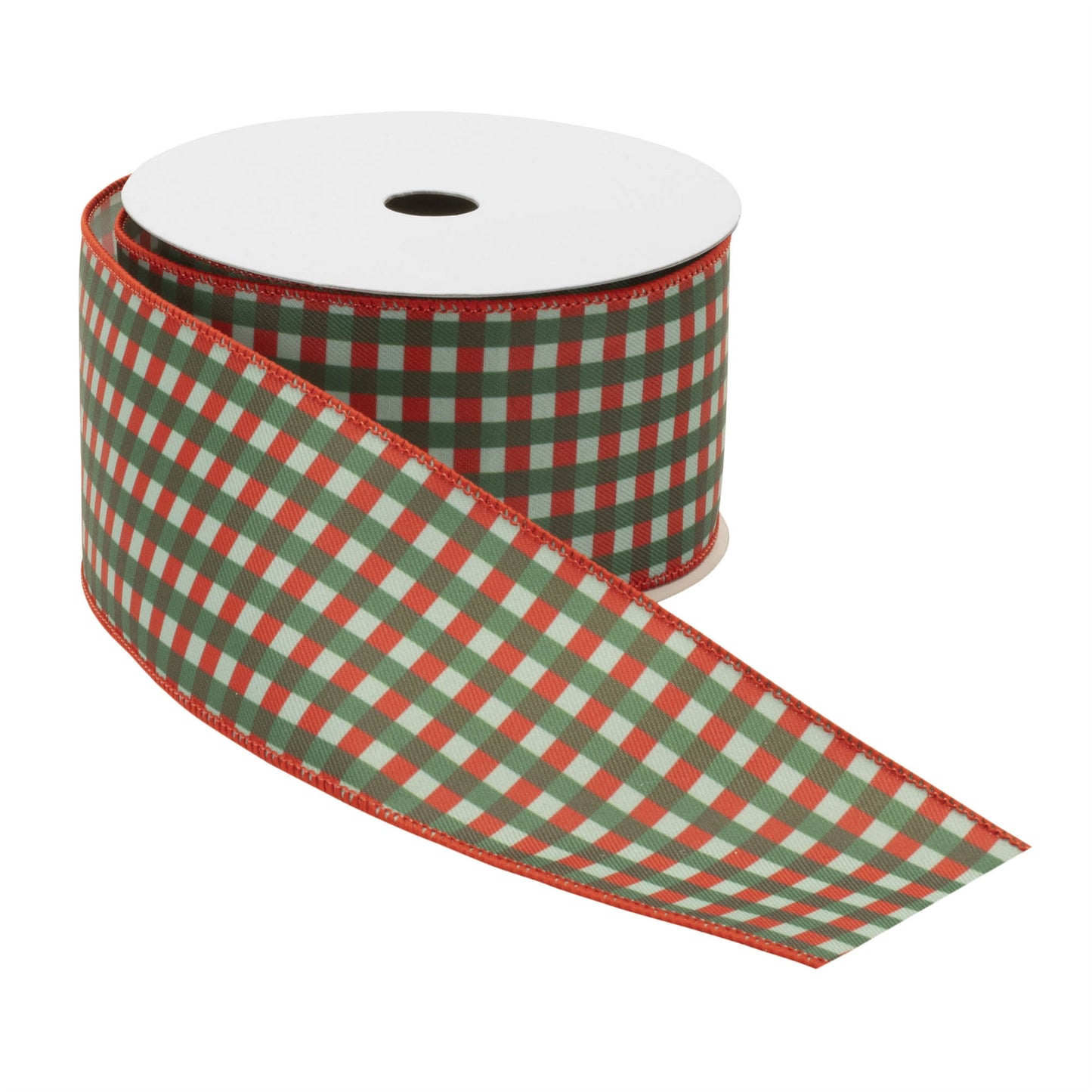 Set of two wired ribbon rolls, 4″ wide × 5 yards each, red green and beige plaid with wired edges for shaping holiday bows and décor

