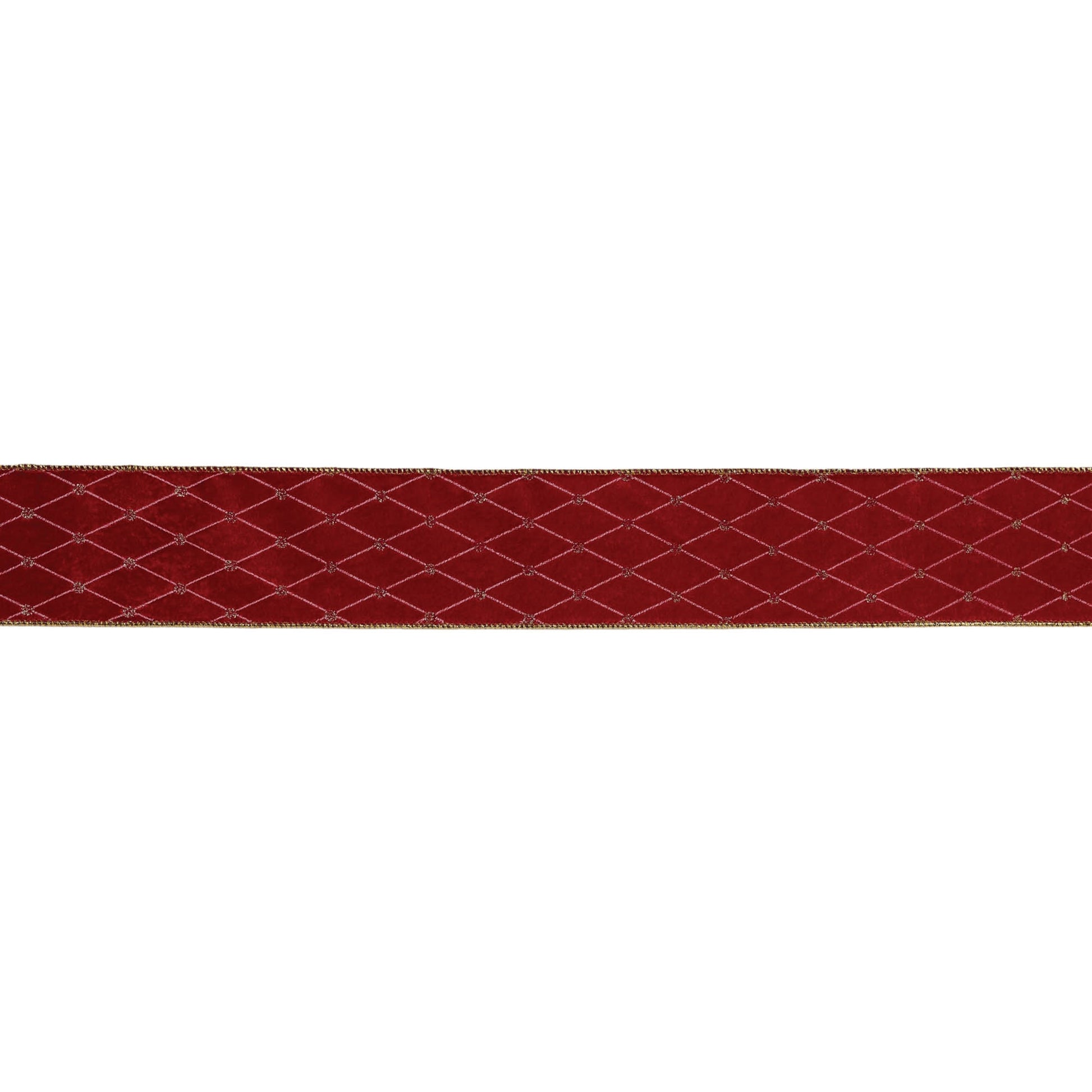 Red wired ribbon roll, 2.5″ wide × 5 yards with harlequin diamond pattern and wired edges for shaping wreaths and bows
