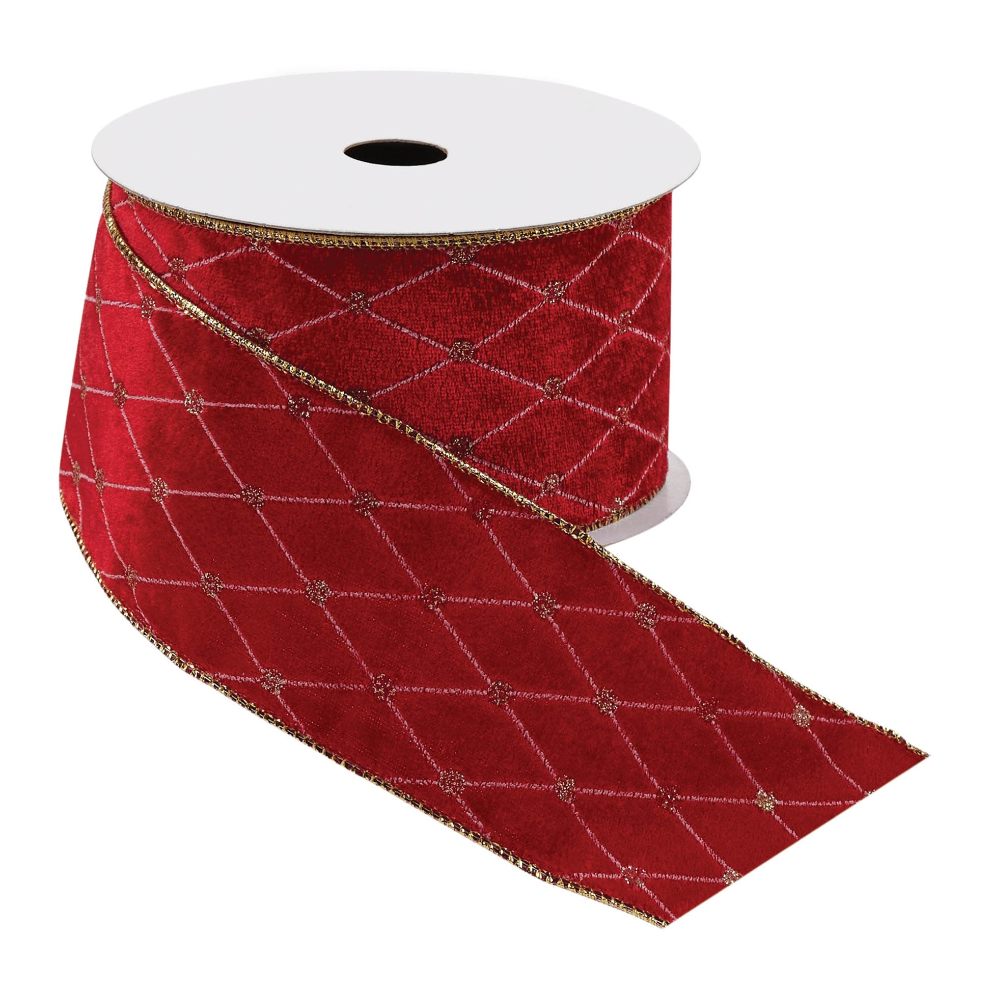 Red wired ribbon roll, 2.5″ wide × 5 yards with harlequin diamond pattern and wired edges for shaping wreaths and bows
