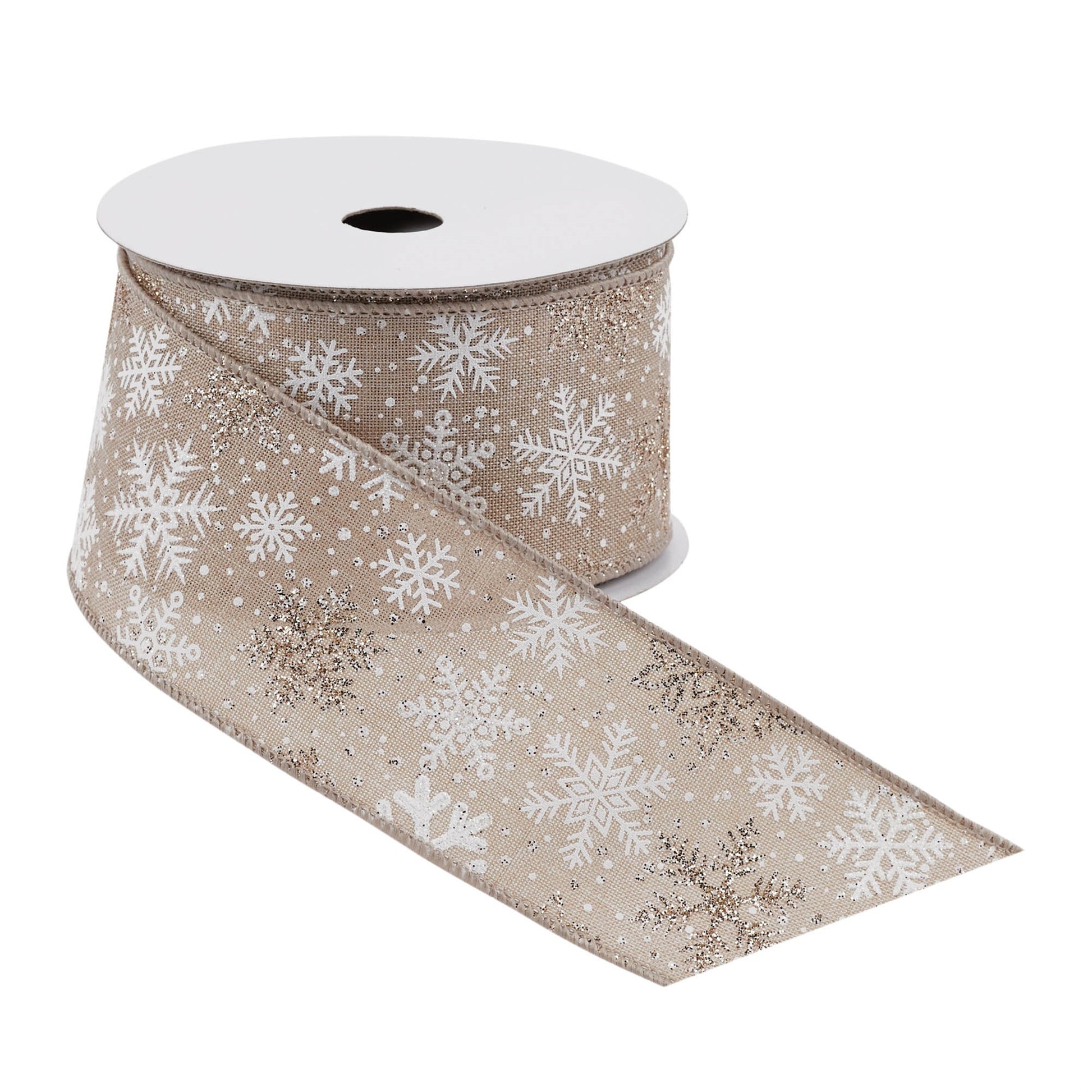 Snowflake print wired ribbon roll, 2.5″ wide × 10 yards in white and beige snowflake design with wired edges for wreaths and bows
