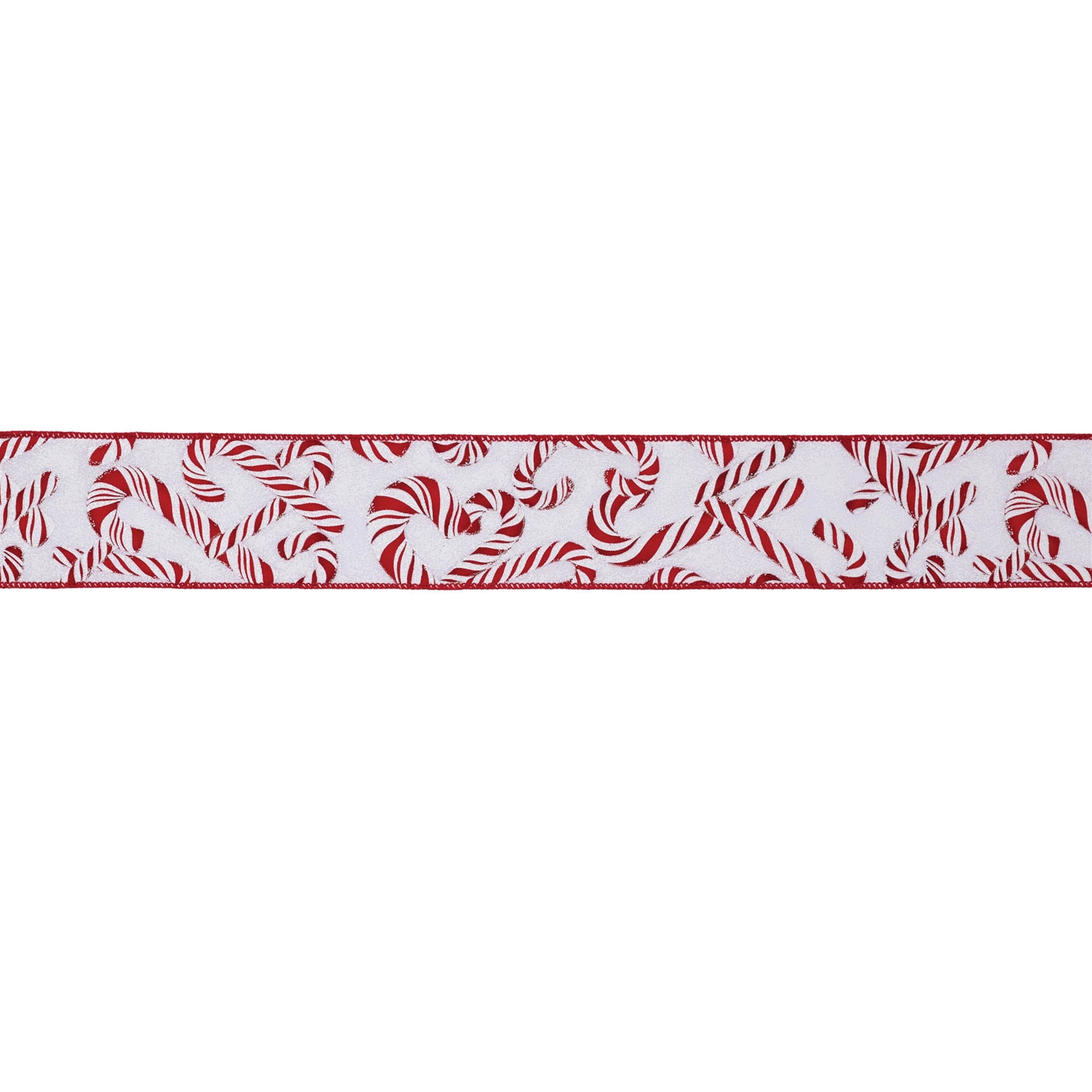 Set of two red and white candy cane print wired ribbon rolls, 2.5″ wide × 10 yards each, with flexible wired edges for wreaths and bows
