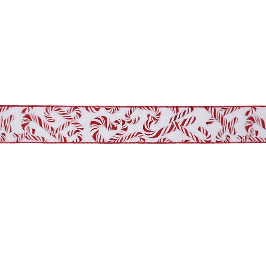 Set of two red and white candy cane print wired ribbon rolls, 2.5″ wide × 10 yards each, with flexible wired edges for wreaths and bows
