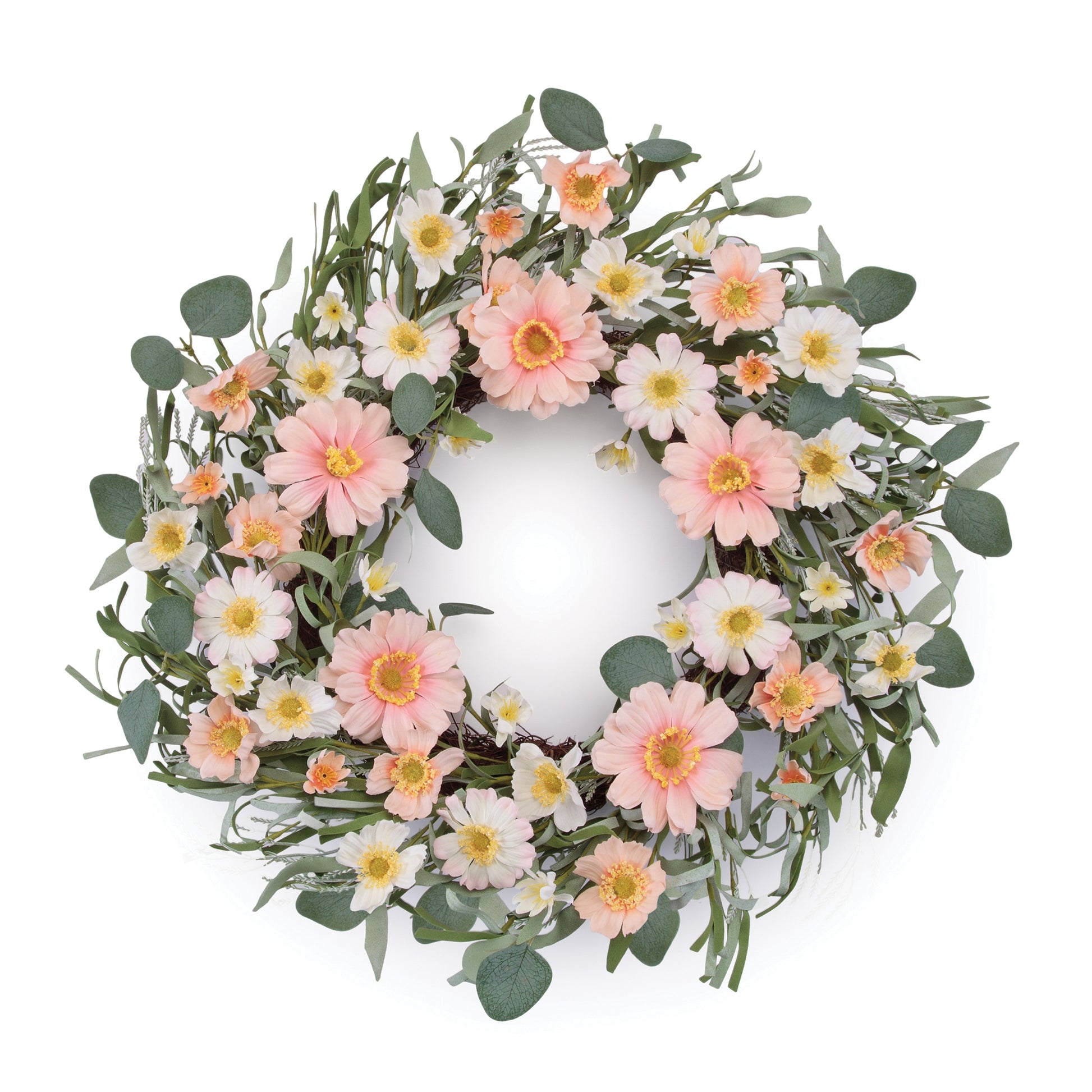 Pink and white mixed daisy floral wreath on grapevine base