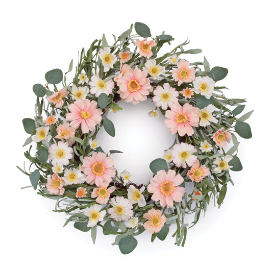 Pink and white mixed daisy floral wreath on grapevine base