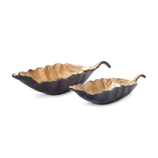 Set of two large metallic black and gold aluminum leaf-shaped decorative bowls