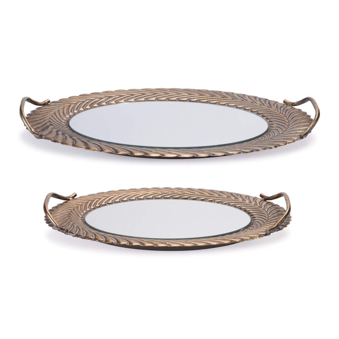 Set of 2 mirrored trays with ornate metal frames, decorative accent tray set
