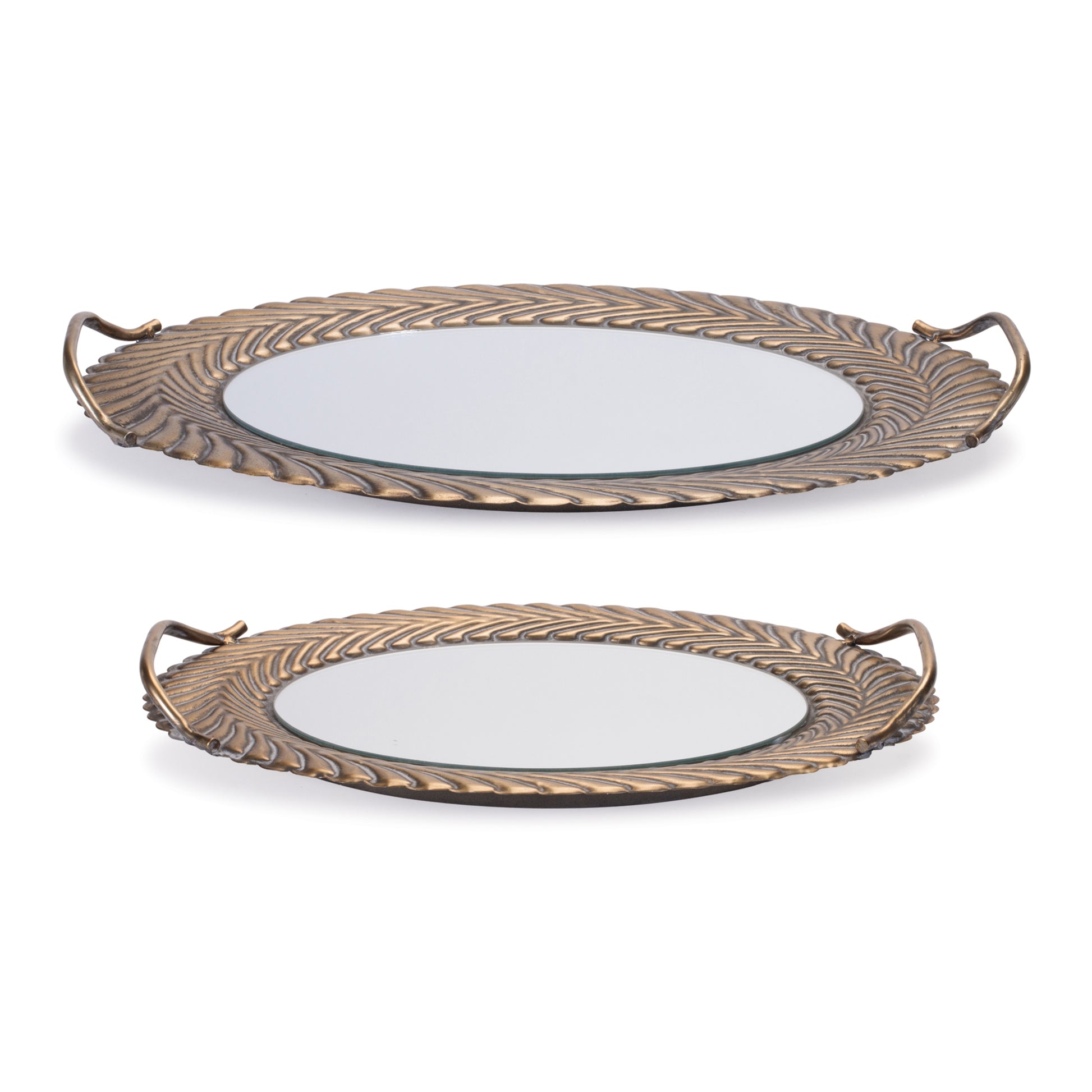 Set of 2 mirrored trays with ornate metal frames, decorative accent tray set
