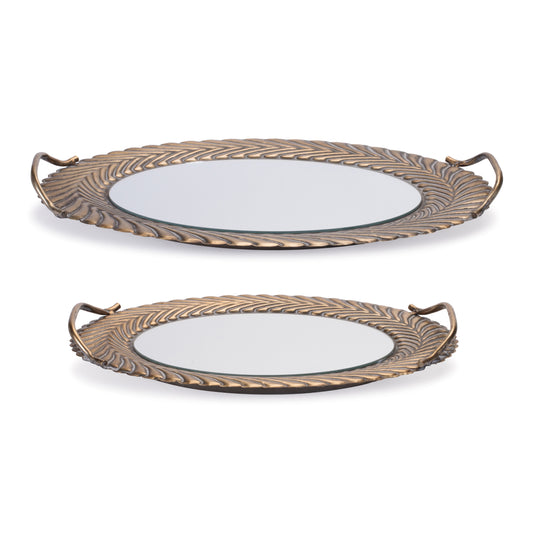 Set of 2 mirrored trays with ornate metal frames, decorative accent tray set
