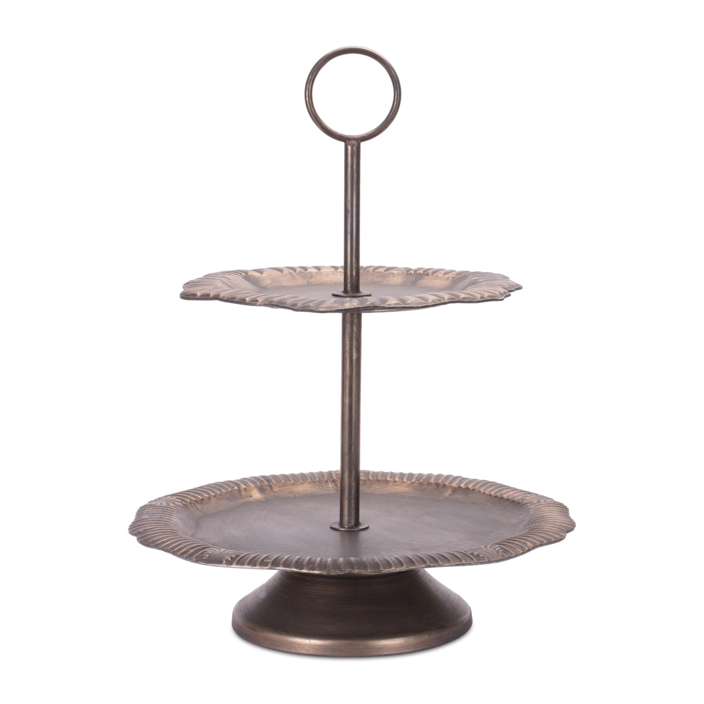 Tiered bronze metal tray 23 inch with ornate trim and two levels for decorative display
