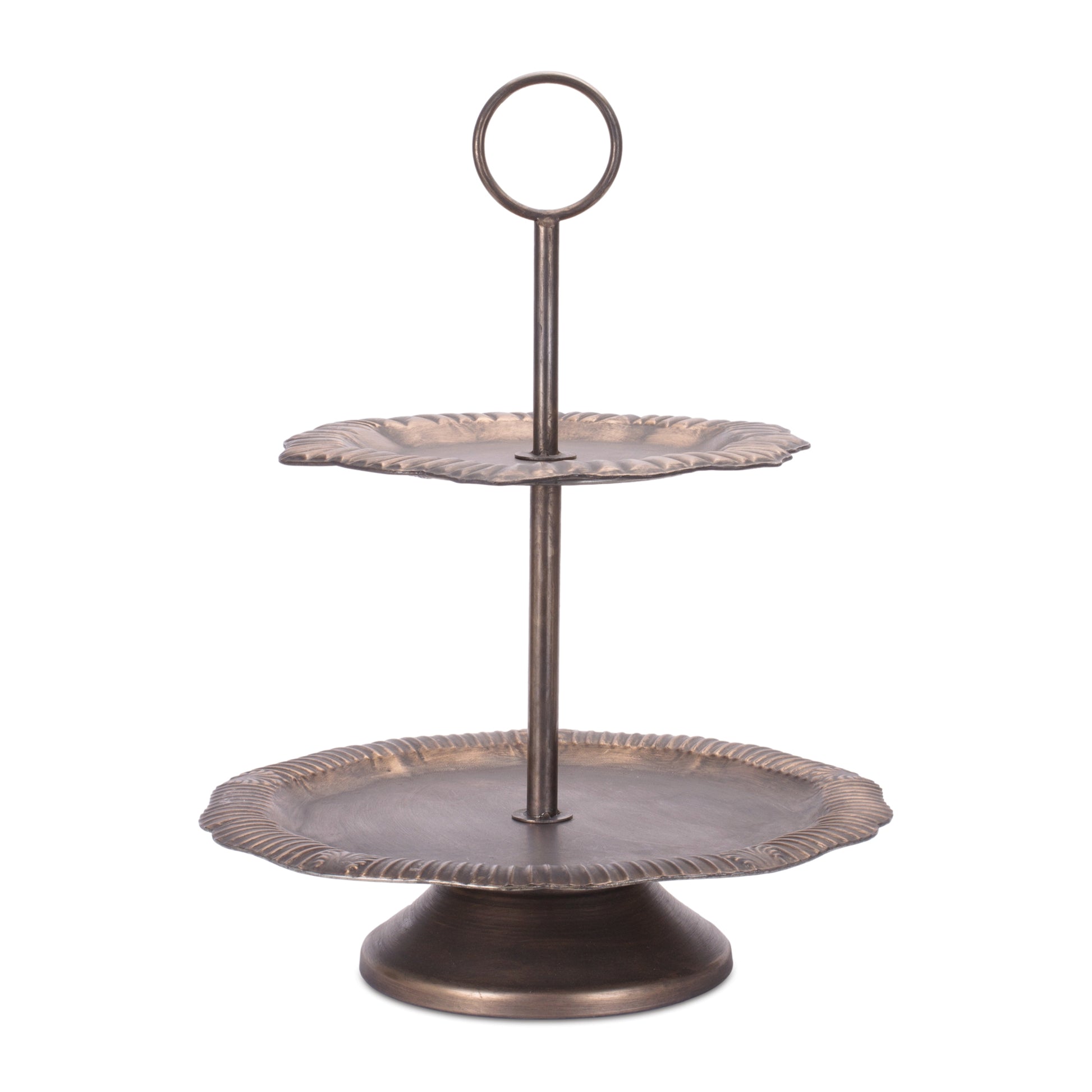 Tiered bronze metal tray 23 inch with ornate trim and two levels for decorative display
