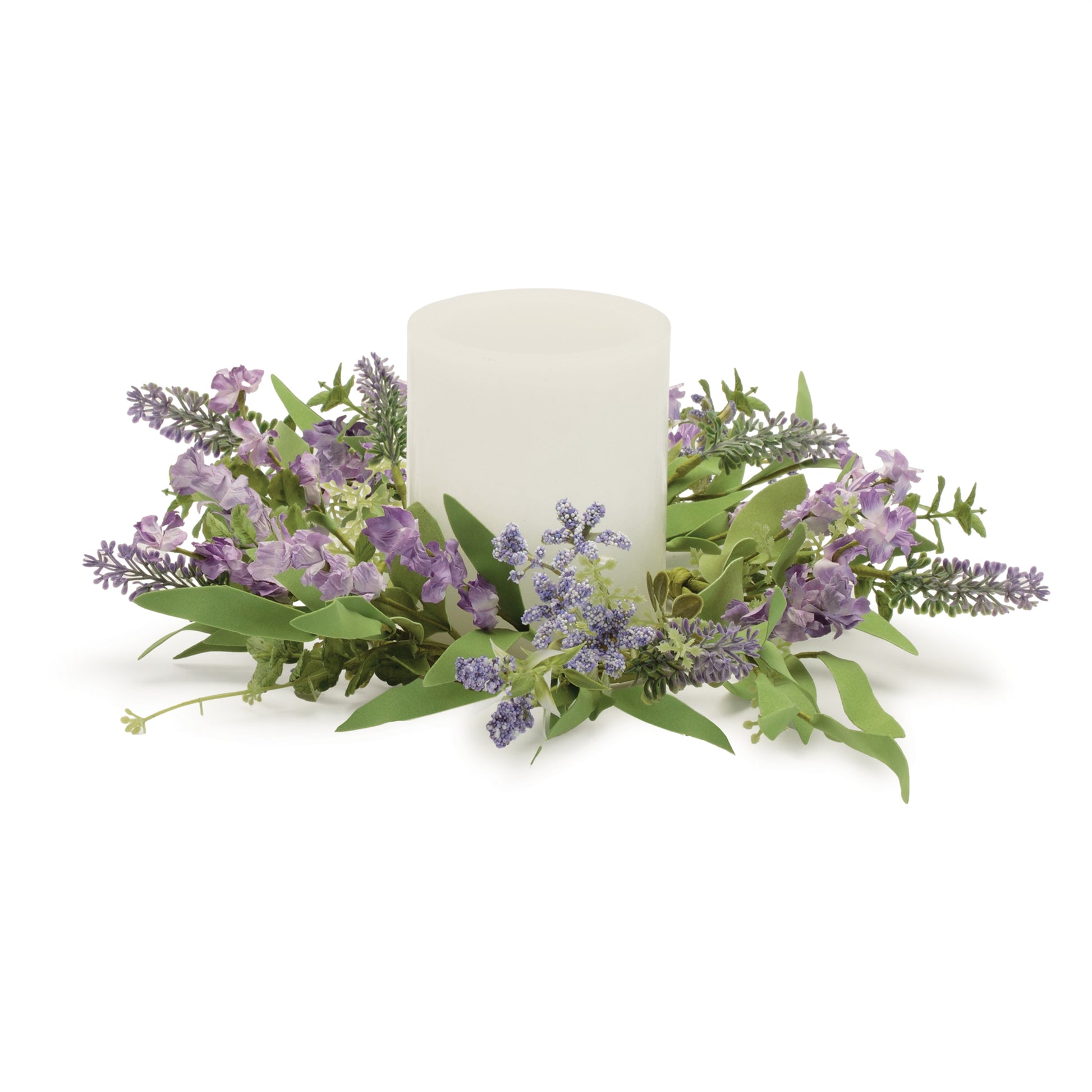 Purple lavender and greenery wreath centerpiece for 4 inch pillar candle