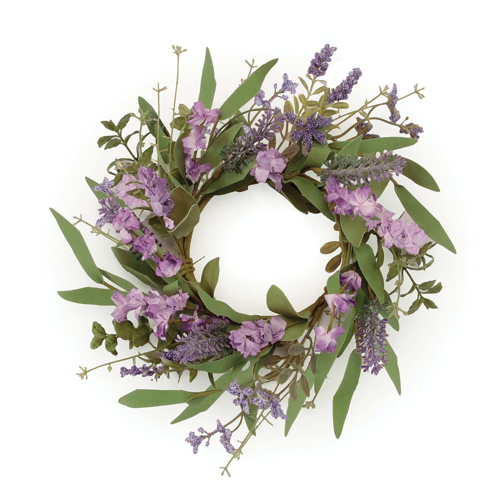 Artificial floral candle ring featuring soft purple blooms and mixed foliage