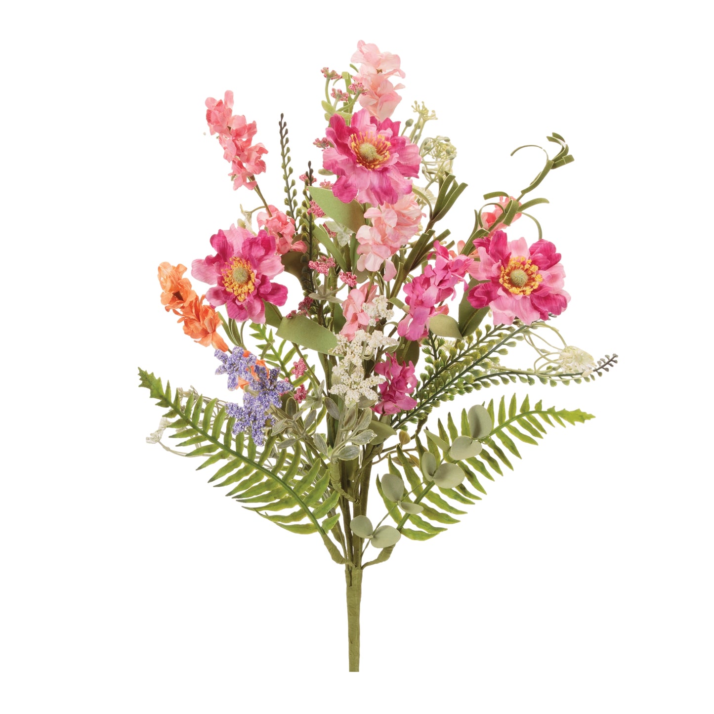 Close up of blush pink daisy flowers and green fern leaves