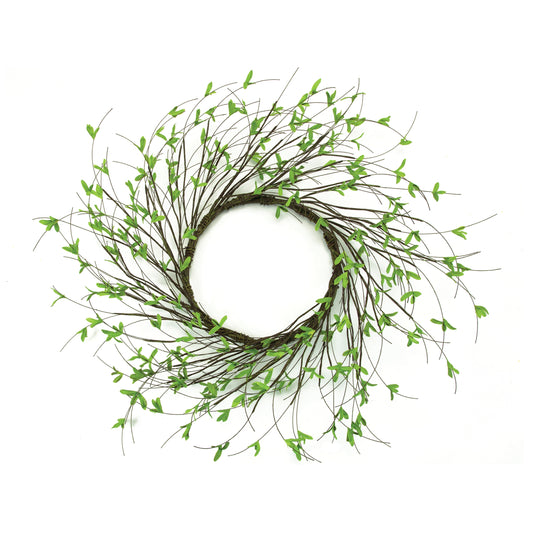 22 inch mini leaf twig wreath with natural green leaves and twig accents

