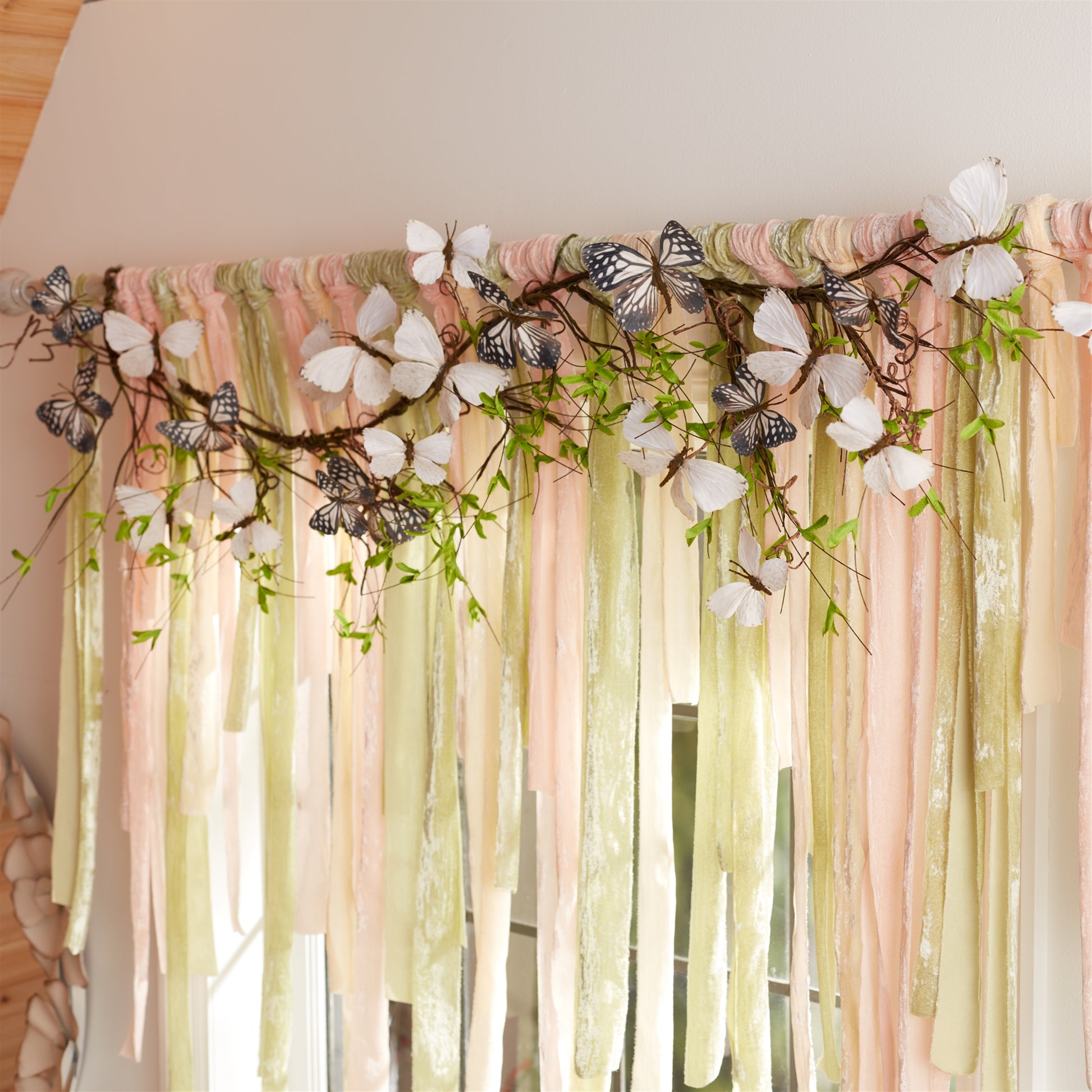 Set of 2 mini leaf twig garlands with green foliage and twig accents

