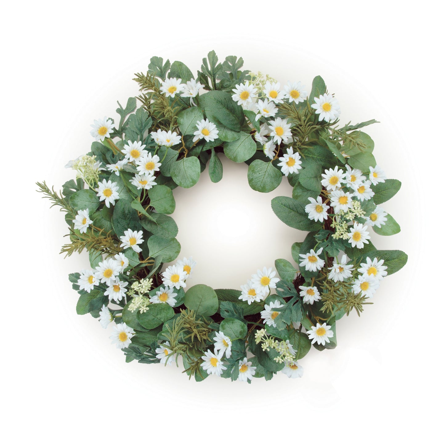 White and yellow mini daisy wreath with eucalyptus leaves 22 inch
