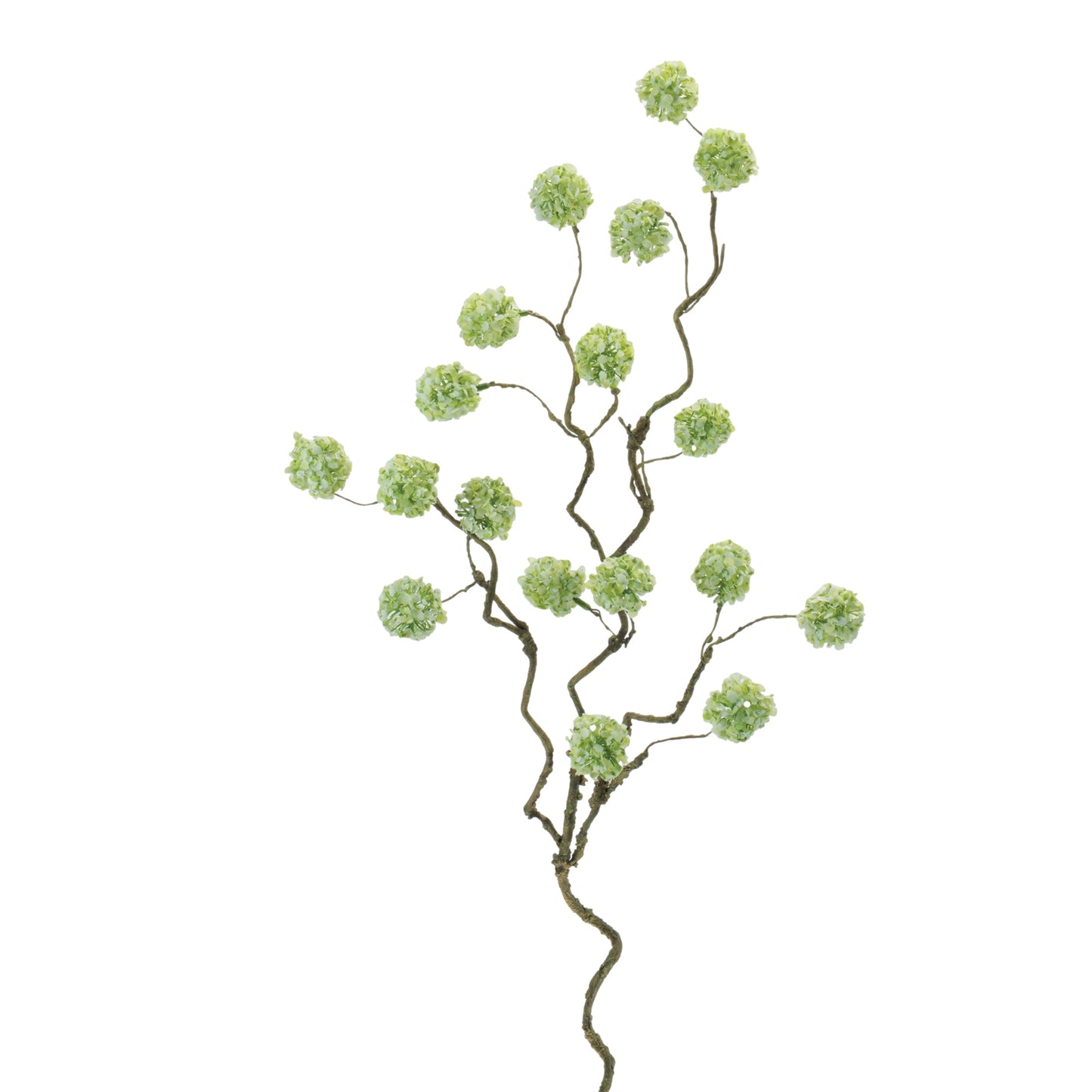 Close up detail of soft green snowball flowers and brown stems on faux branch
