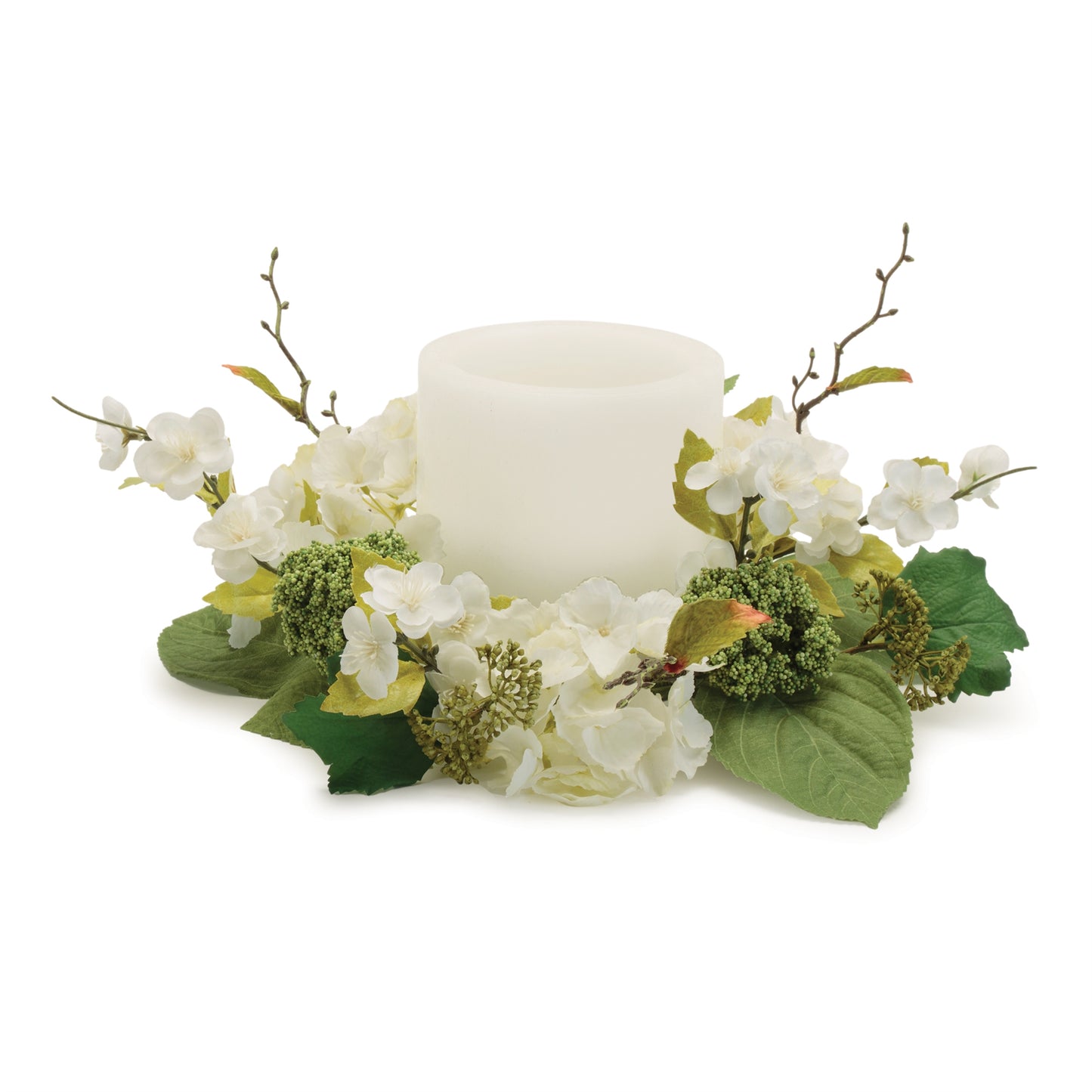 15-inch artificial white hydrangea floral candle ring with mixed greenery and seedum.