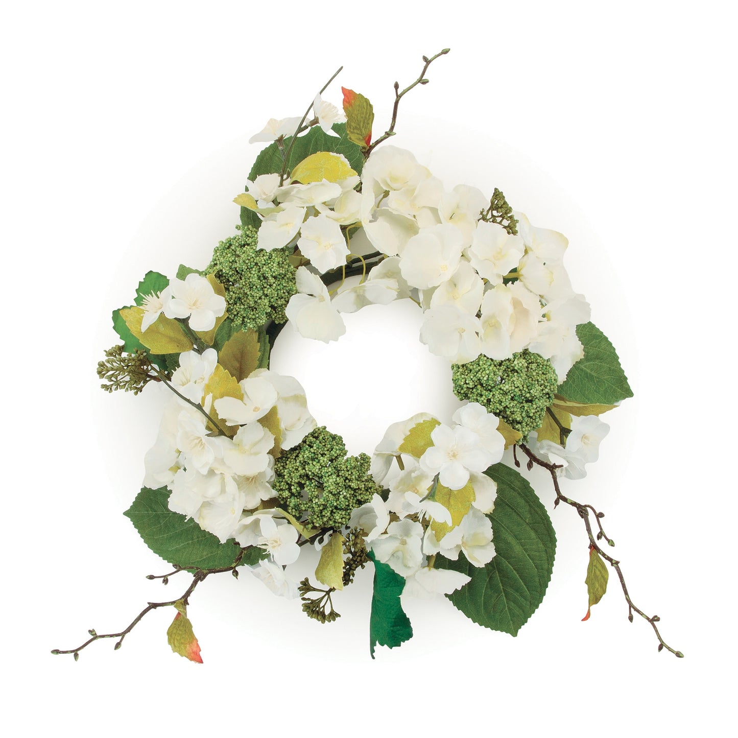 15-inch artificial white hydrangea floral candle ring with mixed greenery and seedum.