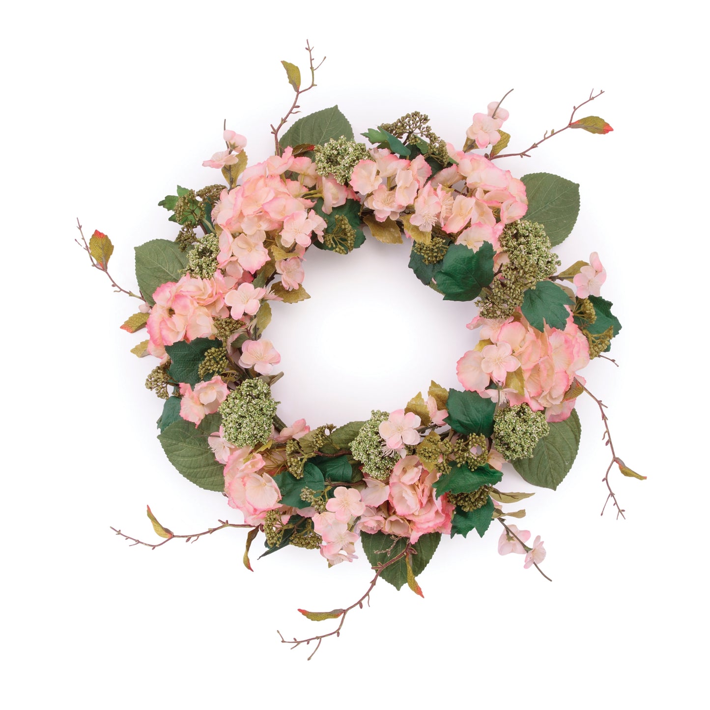 Large 32-inch artificial pink hydrangea and green seedum spring wreath