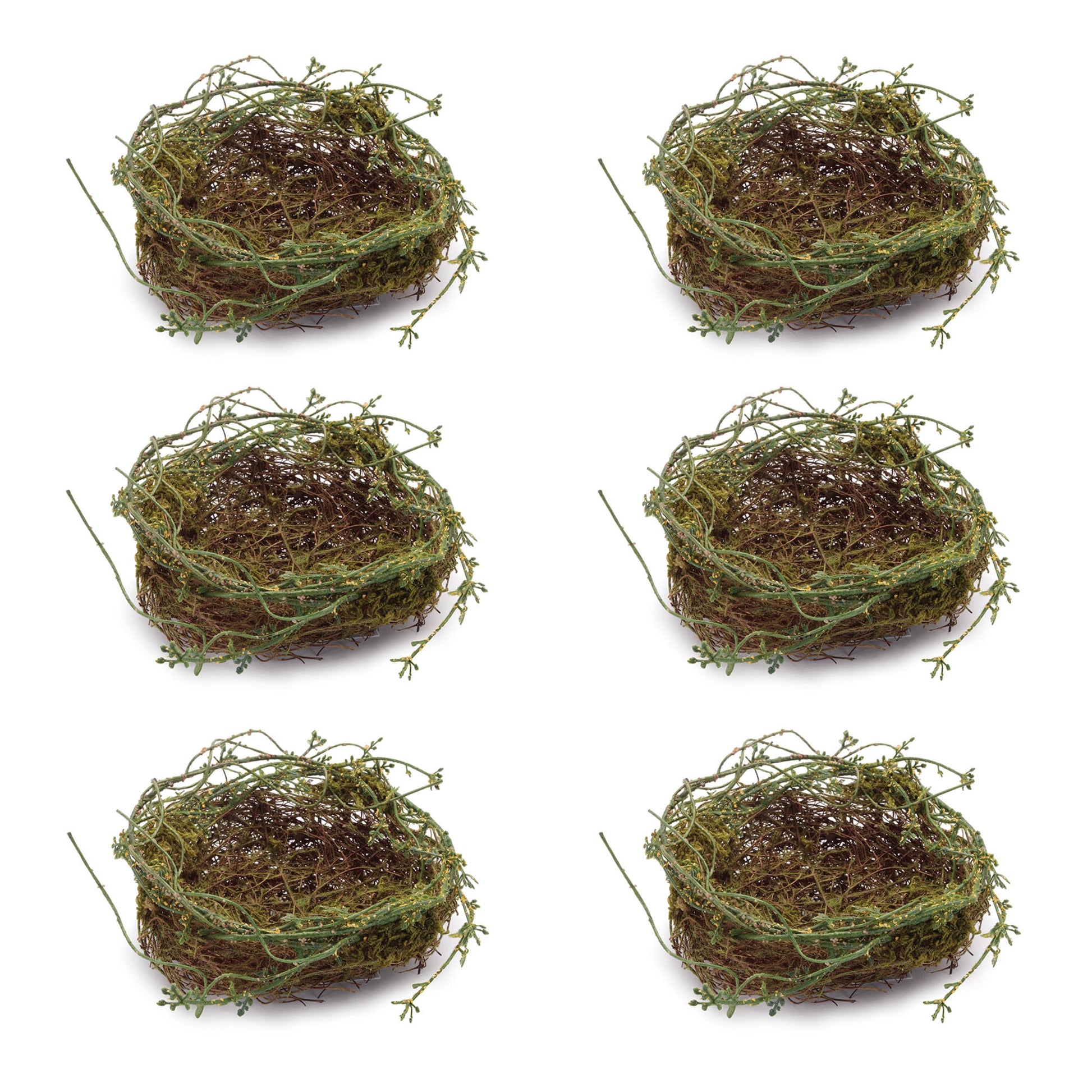Set of 6 twig bird nests lined with moss, natural rustic décor accent
