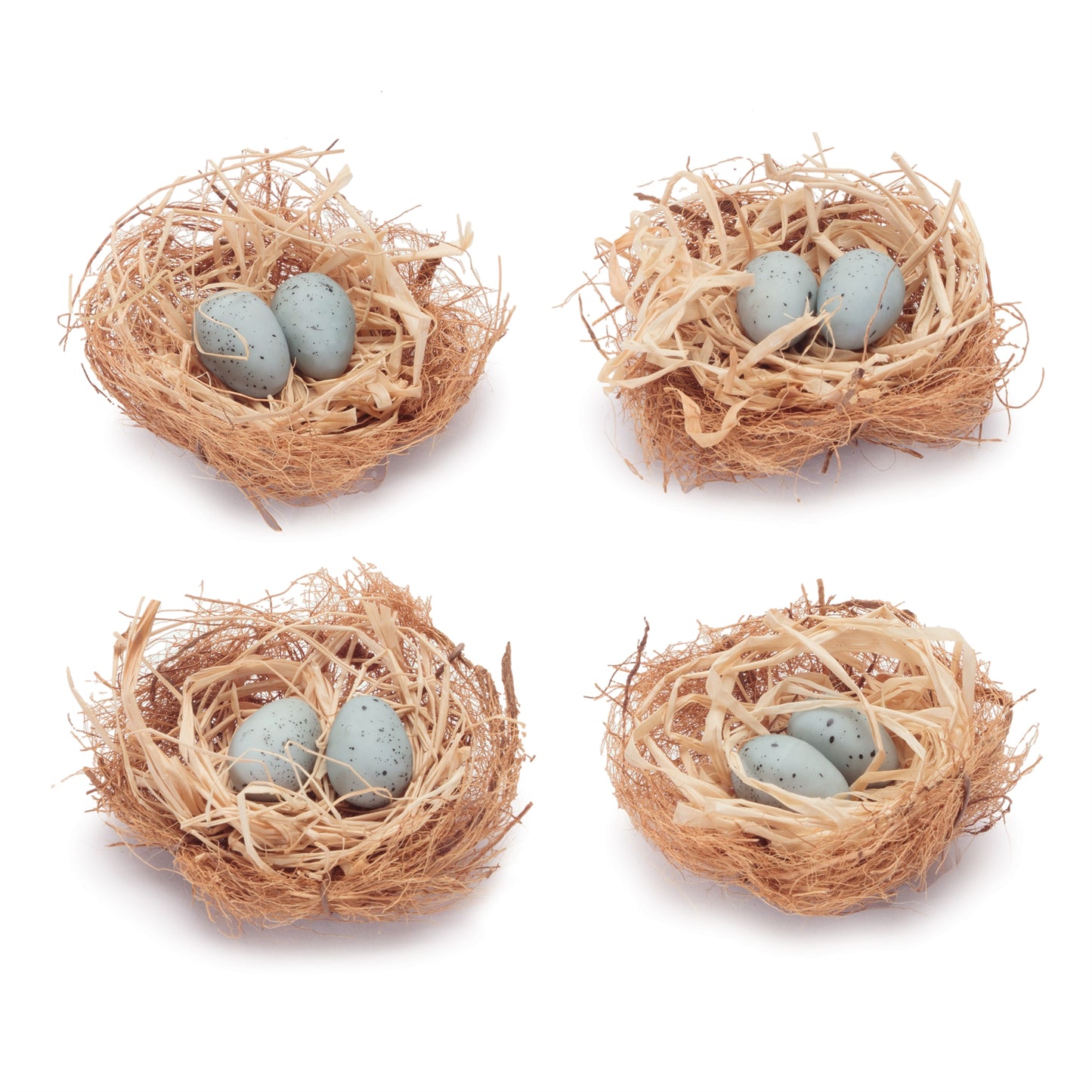 Set of 8 twig bird nests with eggs and raffia, rustic spring décor accent
