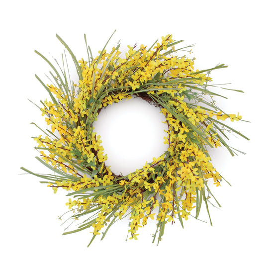 26 inch spring forsythia floral wreath with yellow blossoms, grass foliage and grapevine base

