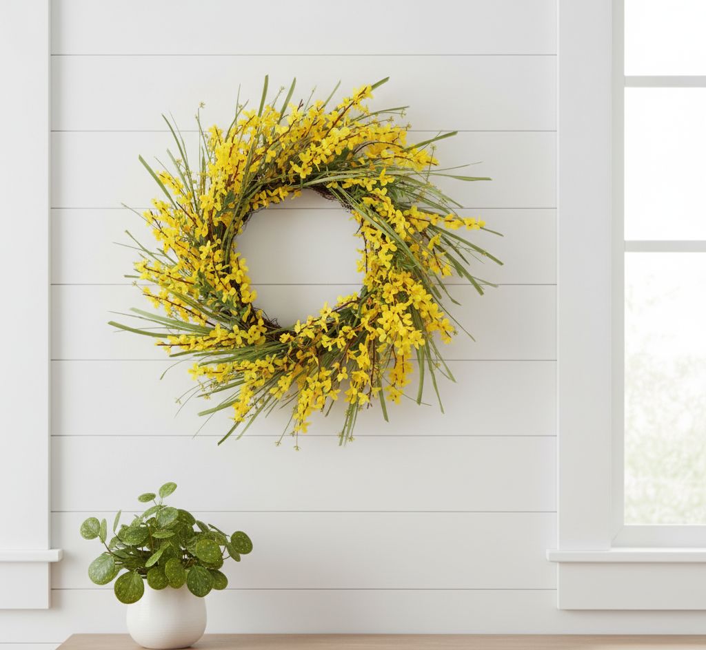 26 inch spring forsythia floral wreath with yellow blossoms, grass foliage and grapevine base
