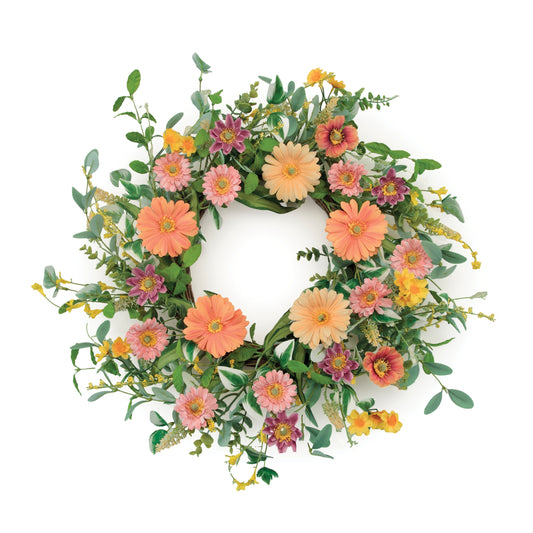 24 inch mixed gerbera daisy wreath with pink & orange blooms, mixed foliage and grapevine base spring accent
