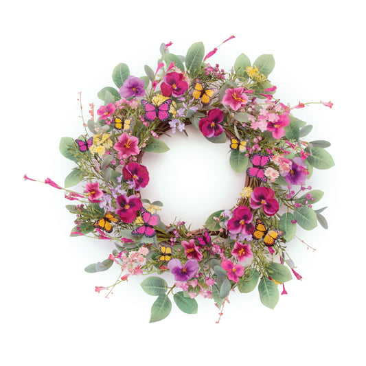22 inch mixed pansy floral wreath with butterflies, grapevine base, spring décor accent
