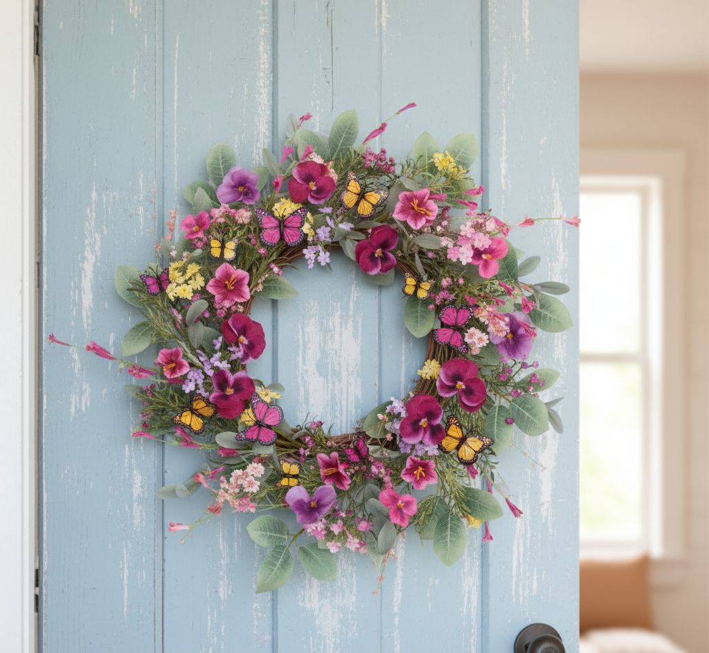 22 inch mixed pansy floral wreath with butterflies, grapevine base, spring décor accent

