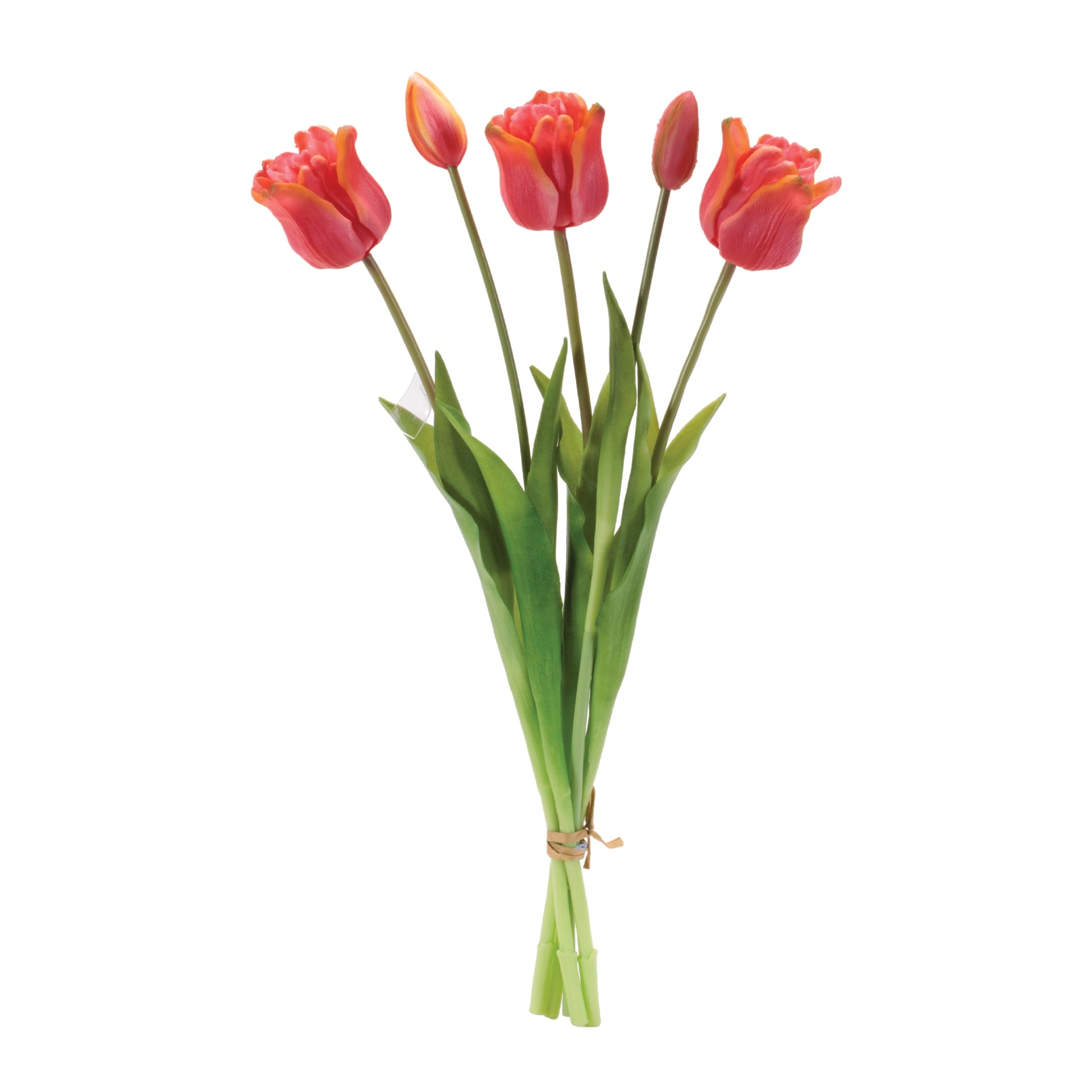Set of 3 red tulip floral bundles with lush green foliage and wired stems
