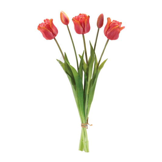 Set of 3 red tulip floral bundles with lush green foliage and wired stems
