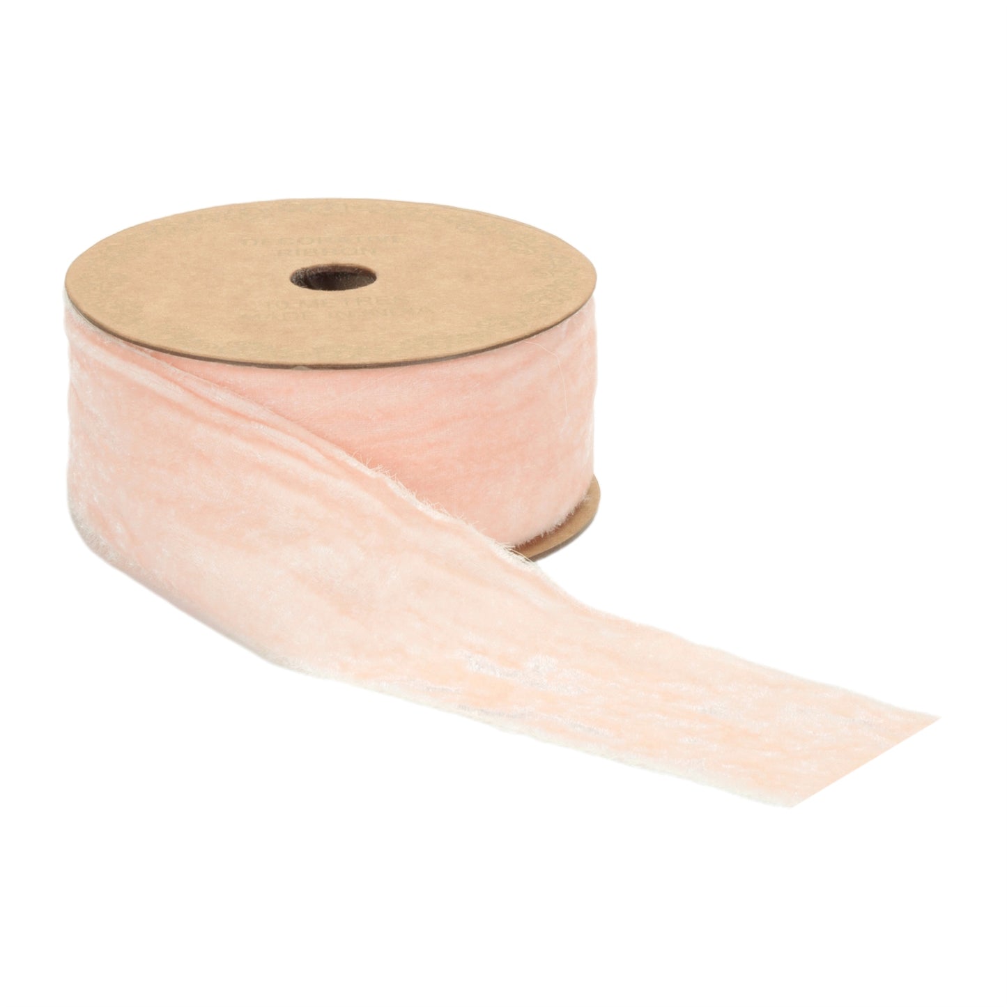 Soft blush pink velvet ribbon roll, 2″ wide × 10 yards with raw fringed edges for natural drape in wreaths and bows
