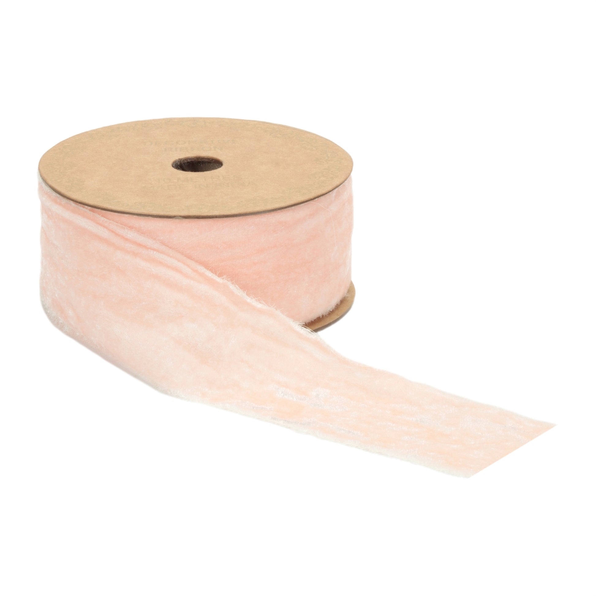 Soft blush pink velvet ribbon roll, 2″ wide × 10 yards with raw fringed edges for natural drape in wreaths and bows
