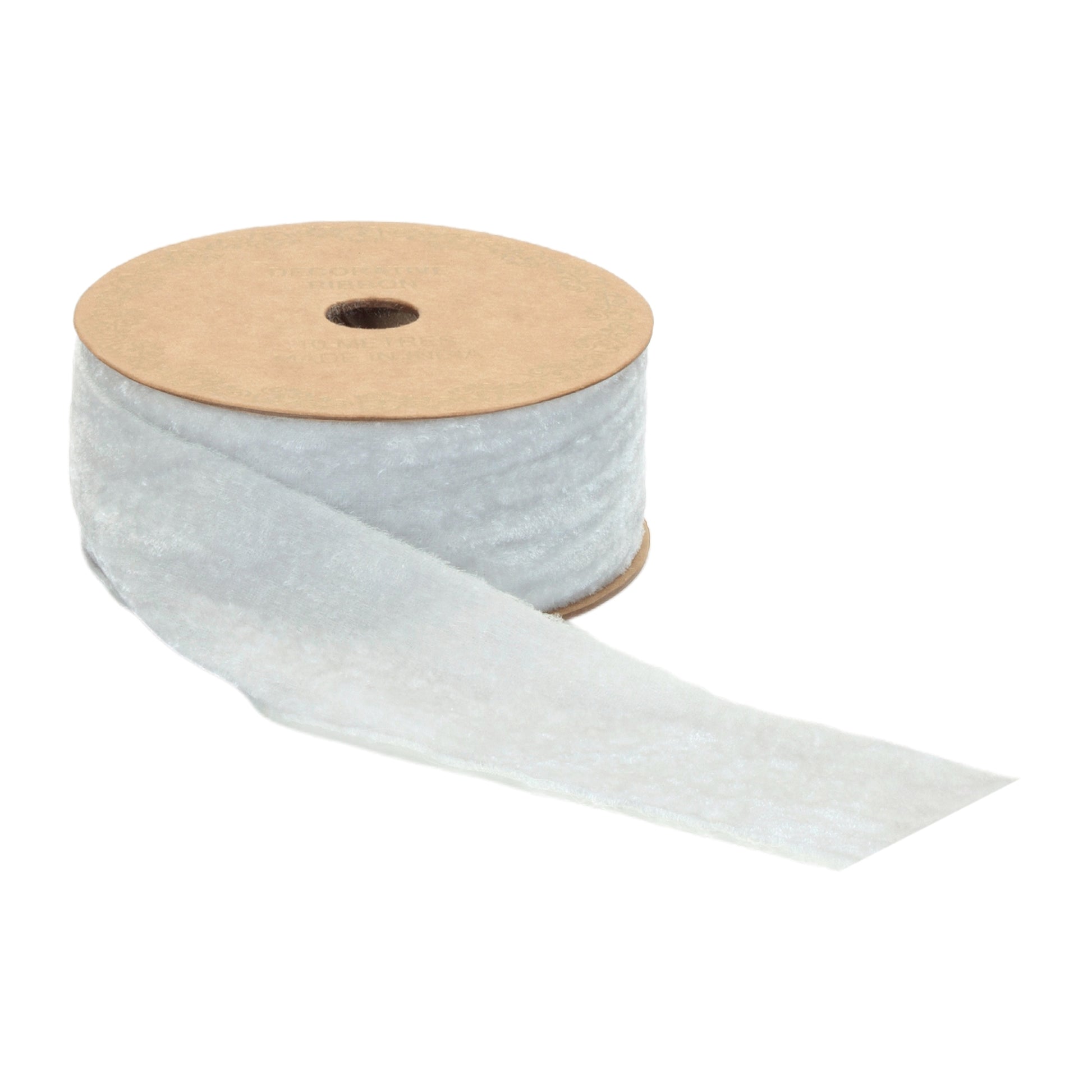 Silver and white velvet ribbon roll, 2″ wide × 10 yards with raw fringed edges—unwired for natural drape in wreaths and bows
