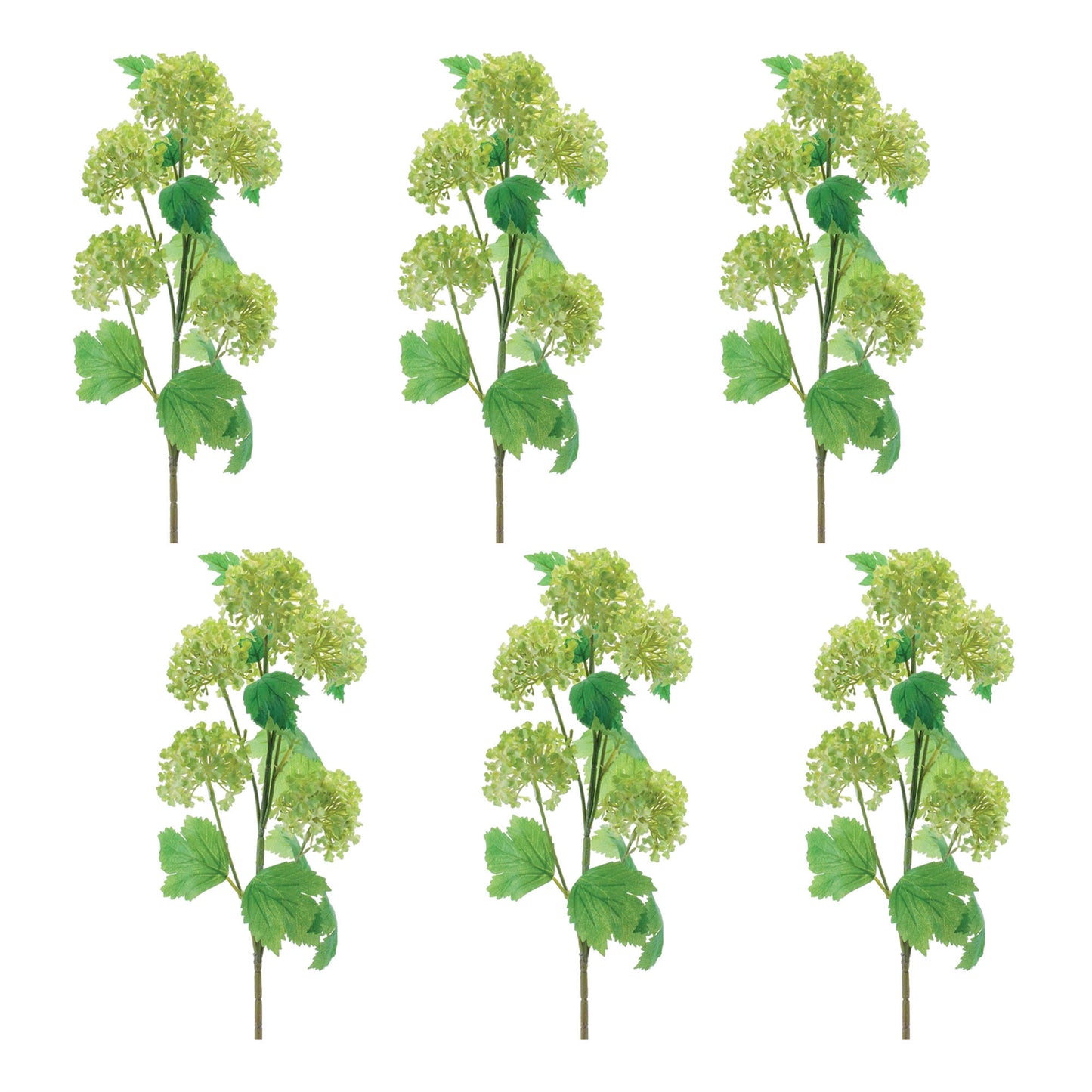 Set of 6 vibrant green snowball floral spray stems with realistic foliage, wired stems

