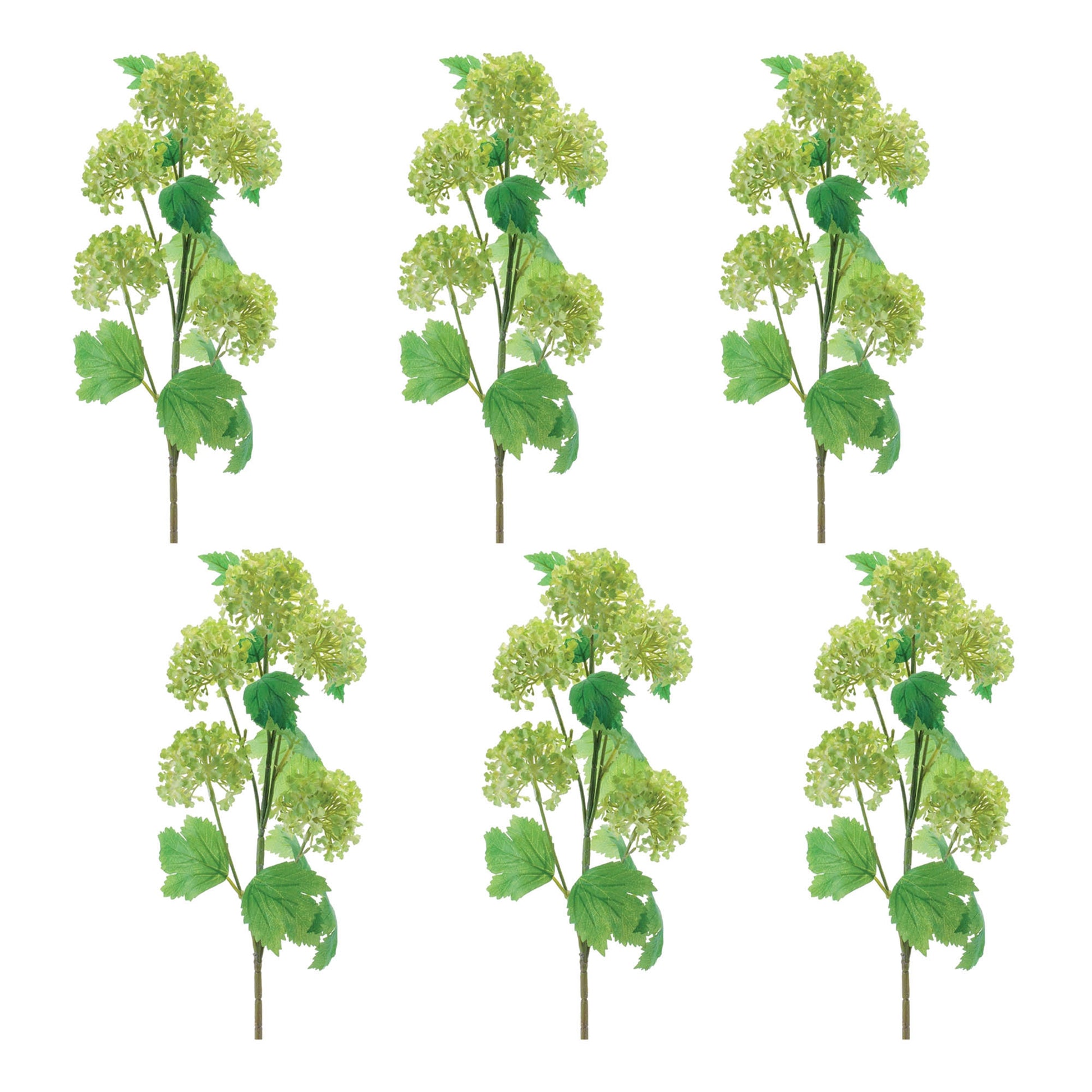 Set of 6 vibrant green snowball floral spray stems with realistic foliage, wired stems
