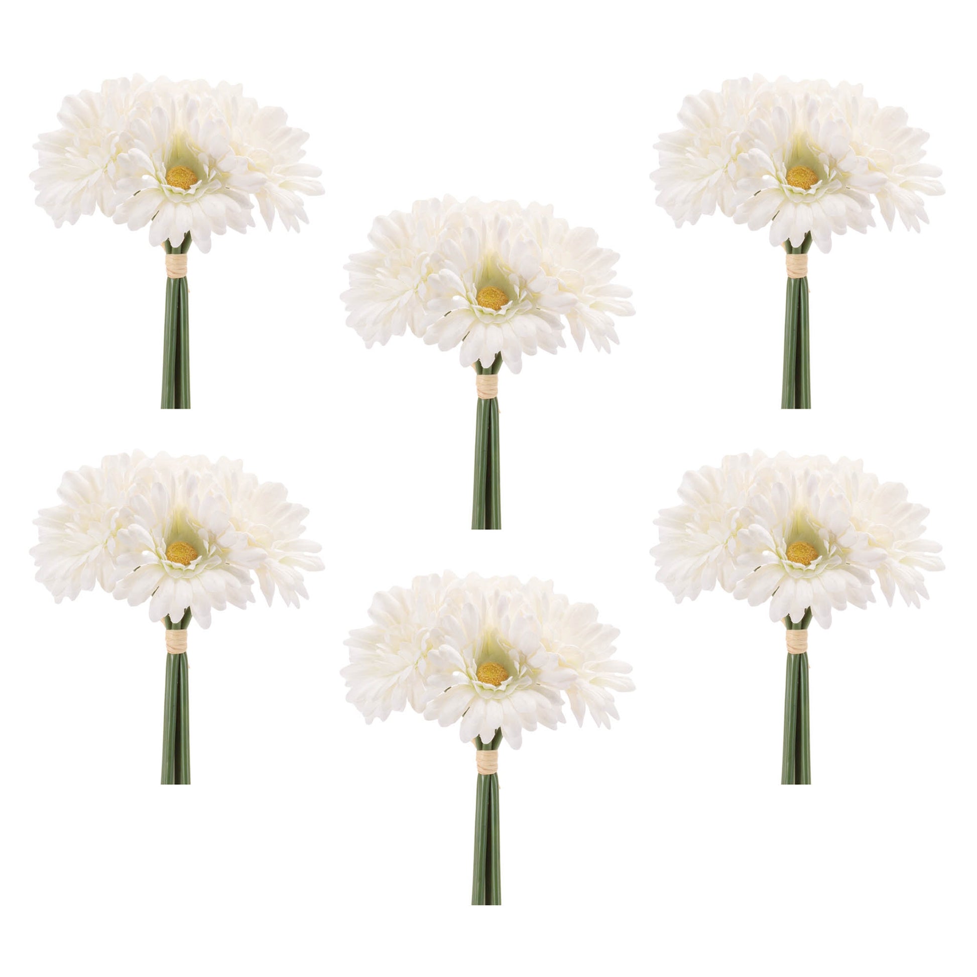 Set of 6 soft white gerbera daisy floral bundles with wired stems and raffia wrap spring accent
