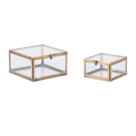 Pair of clear glass storage boxes with metal frame accents, set of 2 decorative glass boxes
