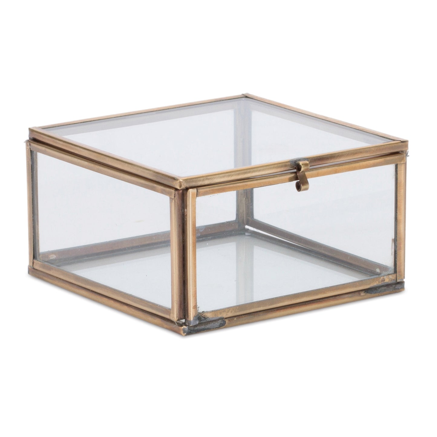Pair of clear glass storage boxes with metal frame accents, set of 2 decorative glass boxes
