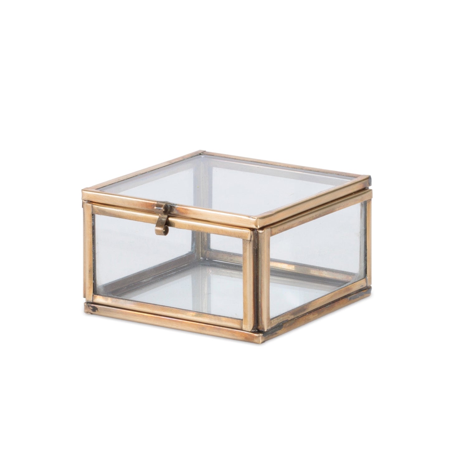Pair of clear glass storage boxes with metal frame accents, set of 2 decorative glass boxes
