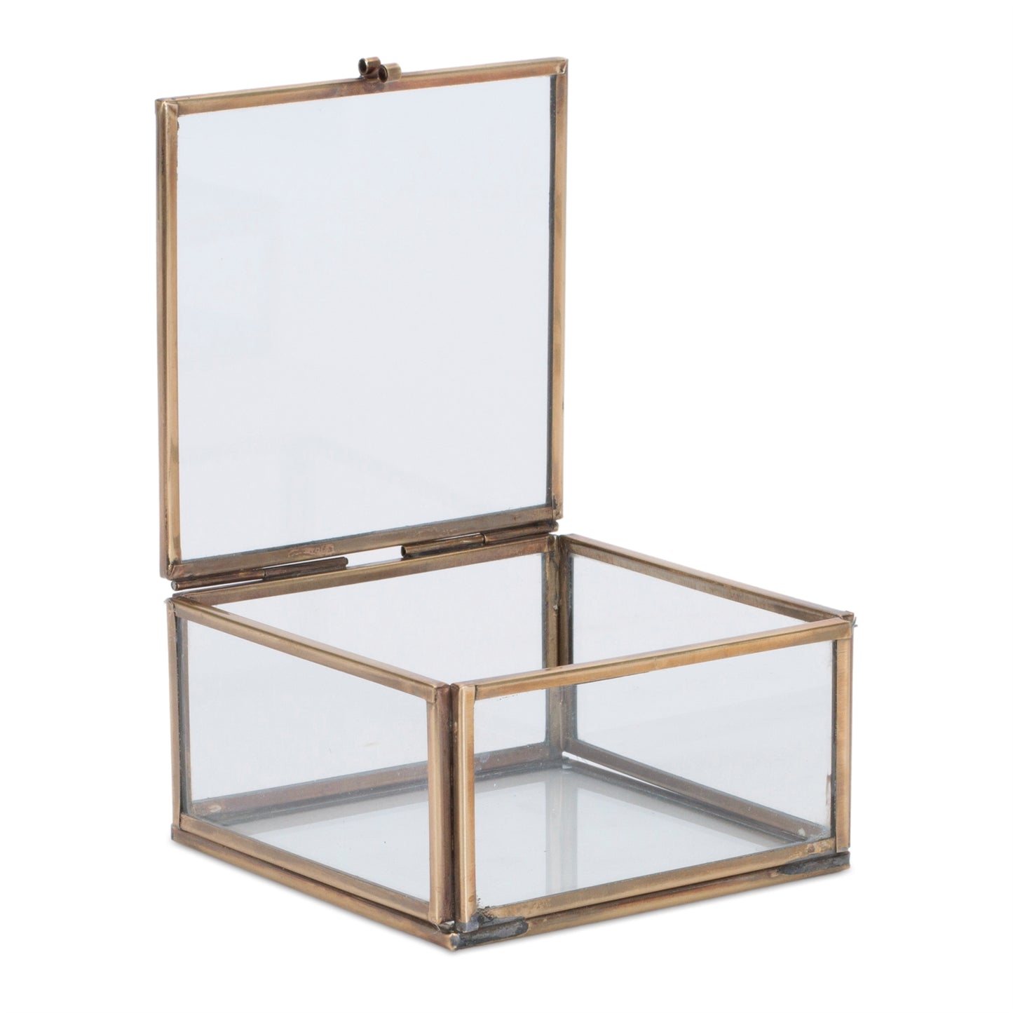 Pair of clear glass storage boxes with metal frame accents, set of 2 decorative glass boxes

