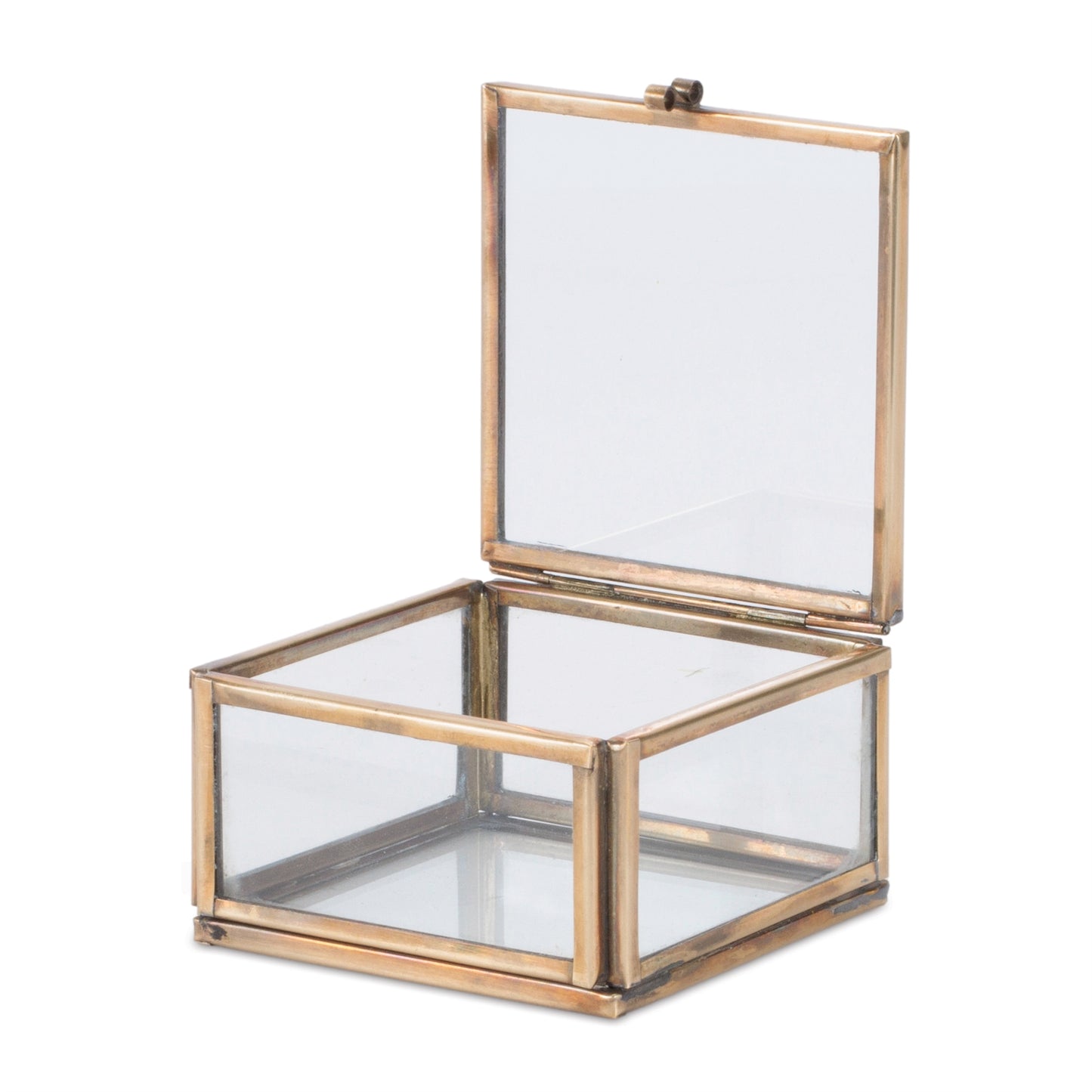 Pair of clear glass storage boxes with metal frame accents, set of 2 decorative glass boxes
