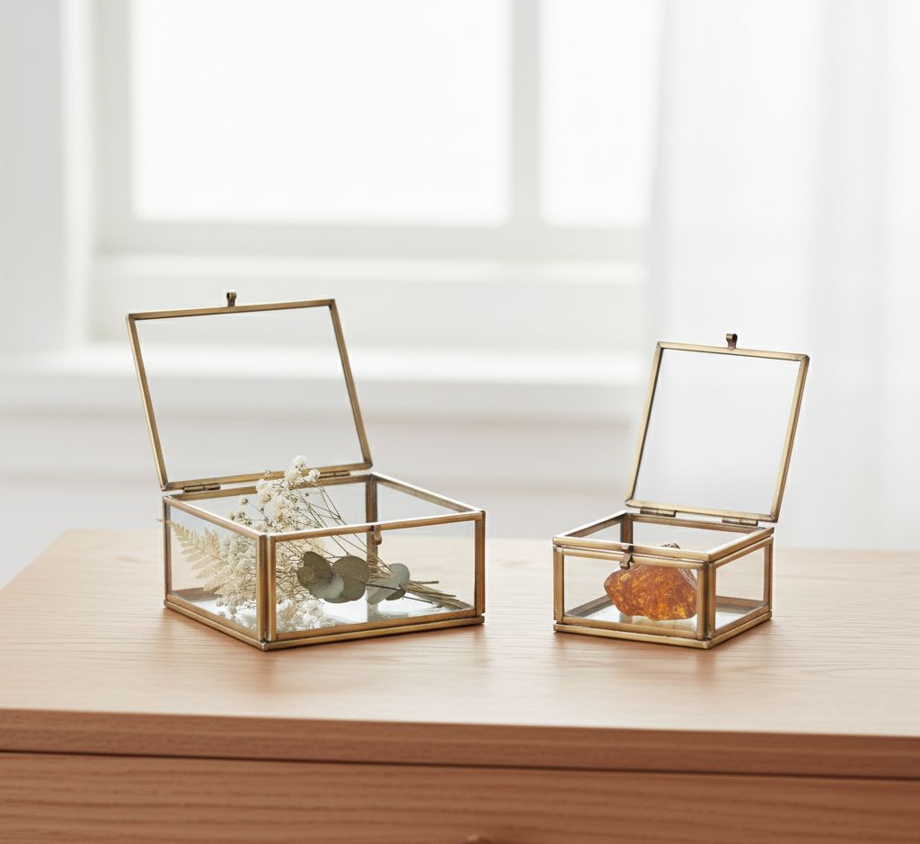 Pair of clear glass storage boxes with metal frame accents, set of 2 decorative glass boxes
