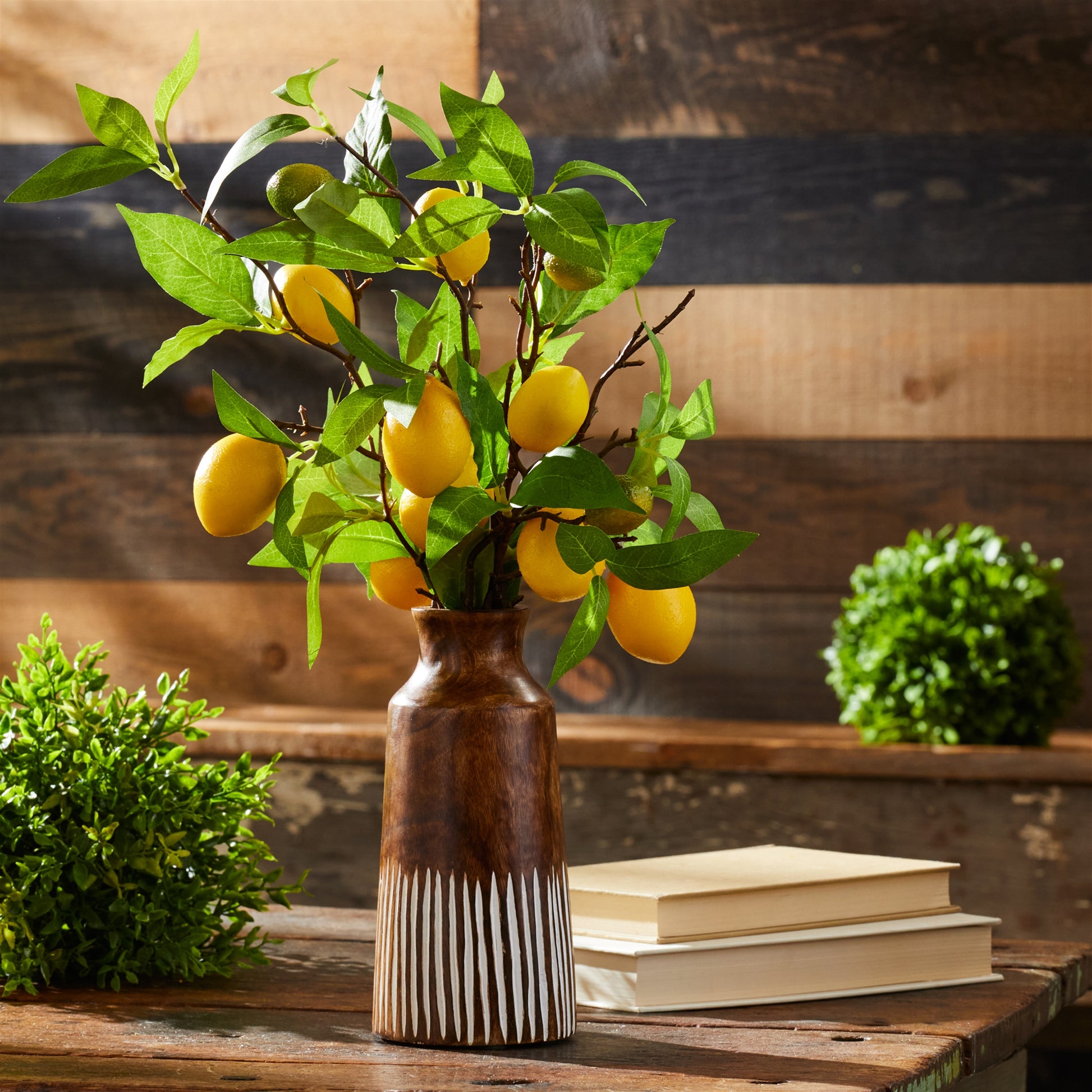 Set of six lemon fruit foliage branches with yellow lemons and green leaves, wired stems for decorative accents
