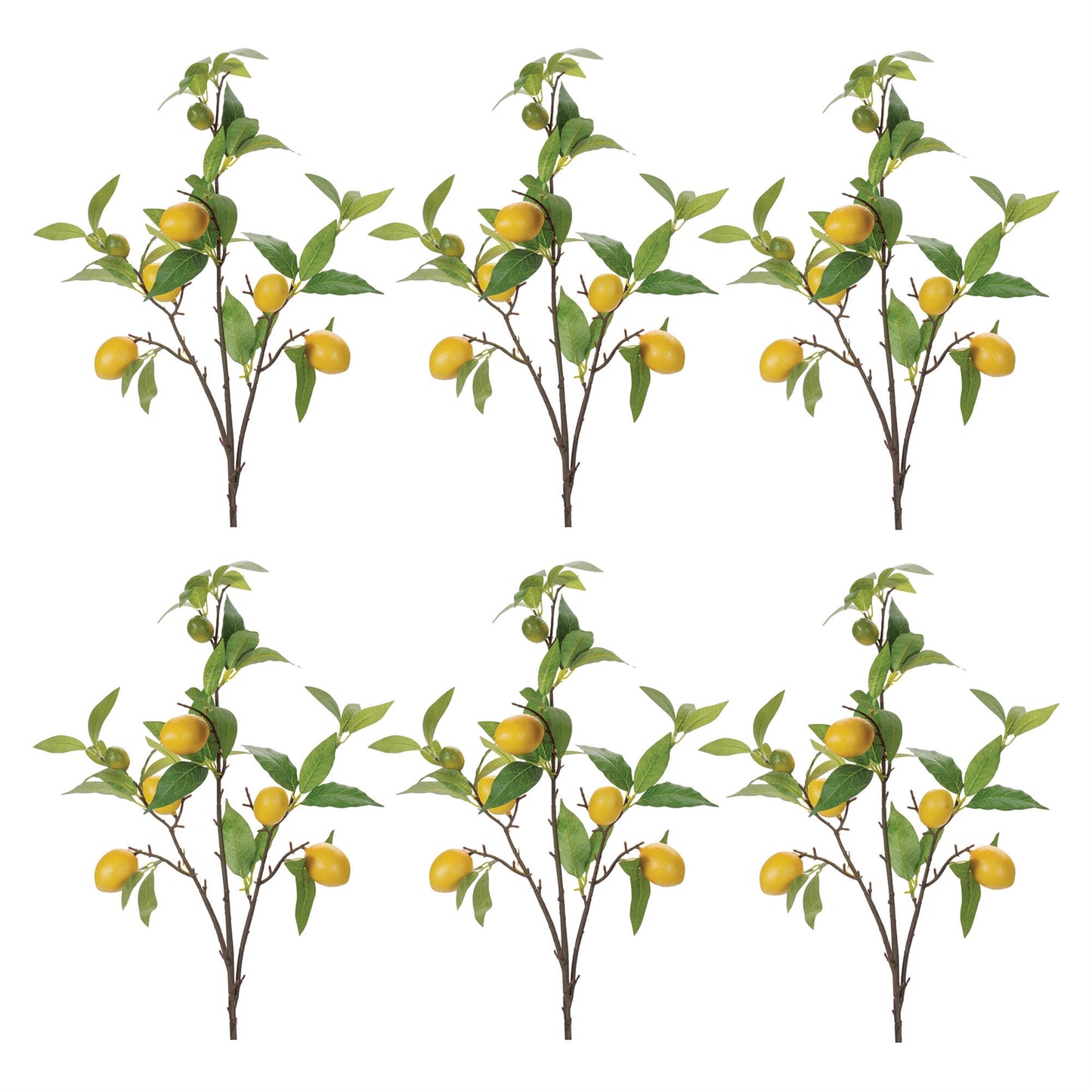 Set of six lemon fruit foliage branches with yellow lemons and green leaves, wired stems for decorative accents
