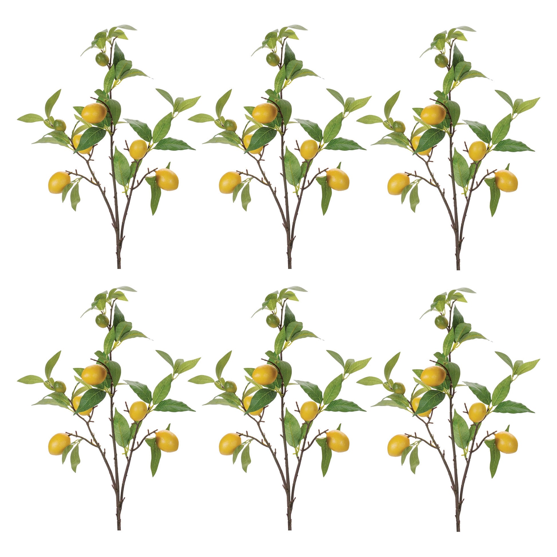 Set of six lemon fruit foliage branches with yellow lemons and green leaves, wired stems for decorative accents
