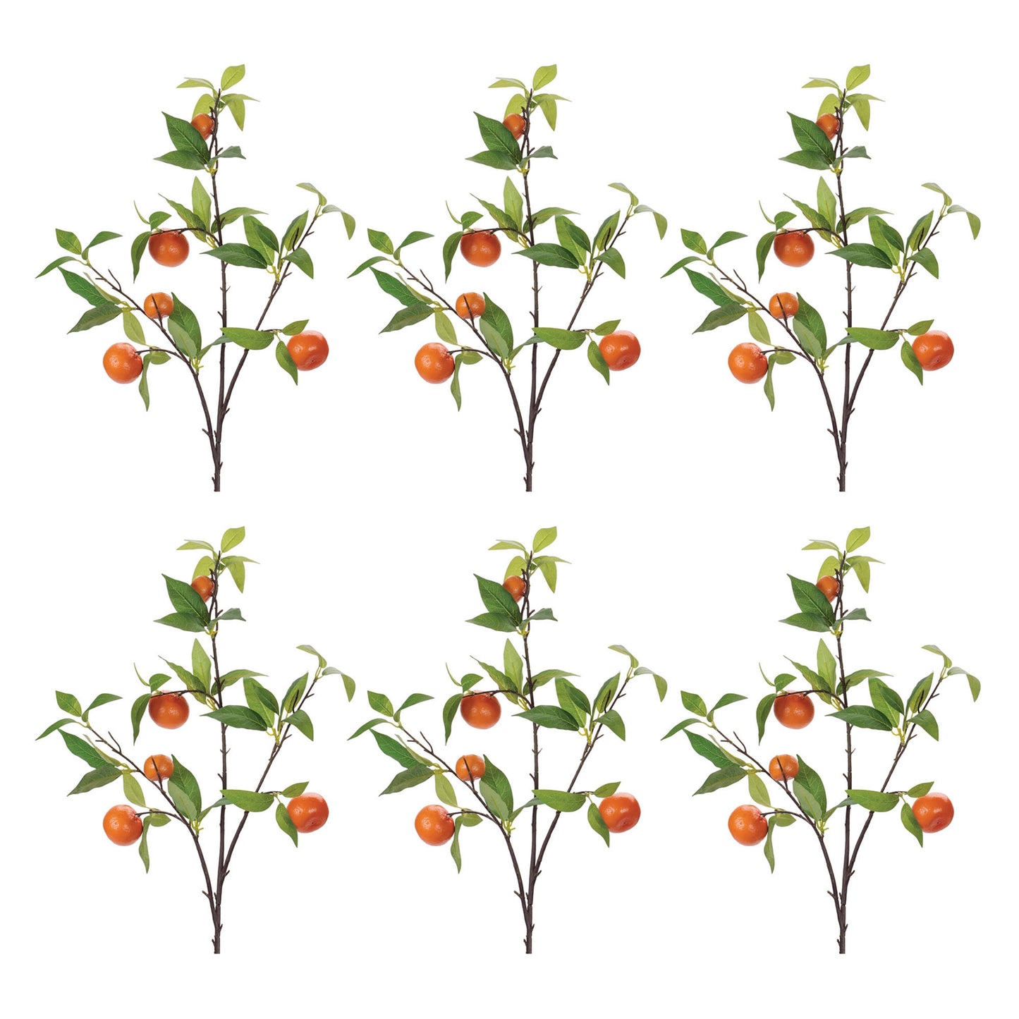Set of six 34-inch orange fruit foliage branches with lush green leaves and wired stems

