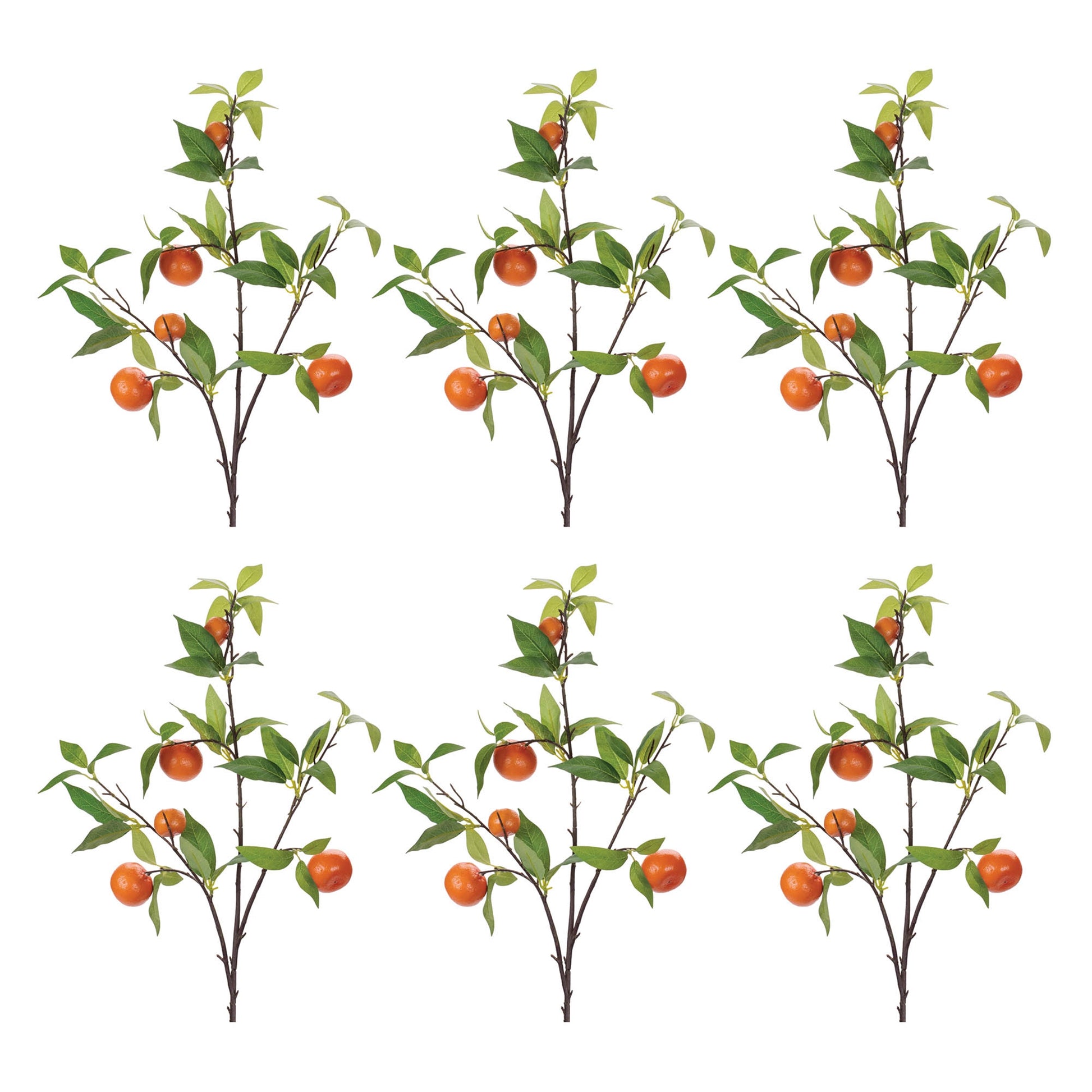 Set of six 34-inch orange fruit foliage branches with lush green leaves and wired stems
